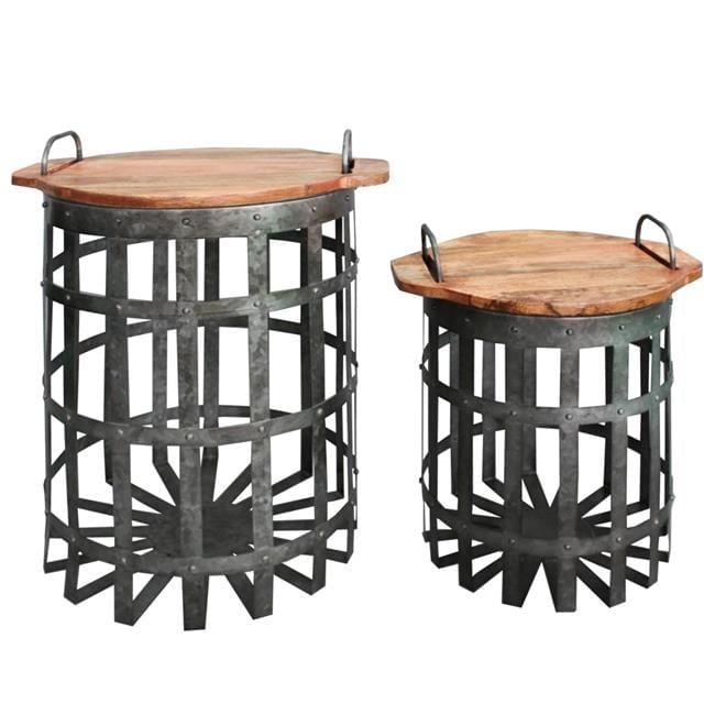 Benzara Set of 2 Industrial Grid Galvanized Accent End Table with Round Lid and Handles Accent Tables Gray/Brown