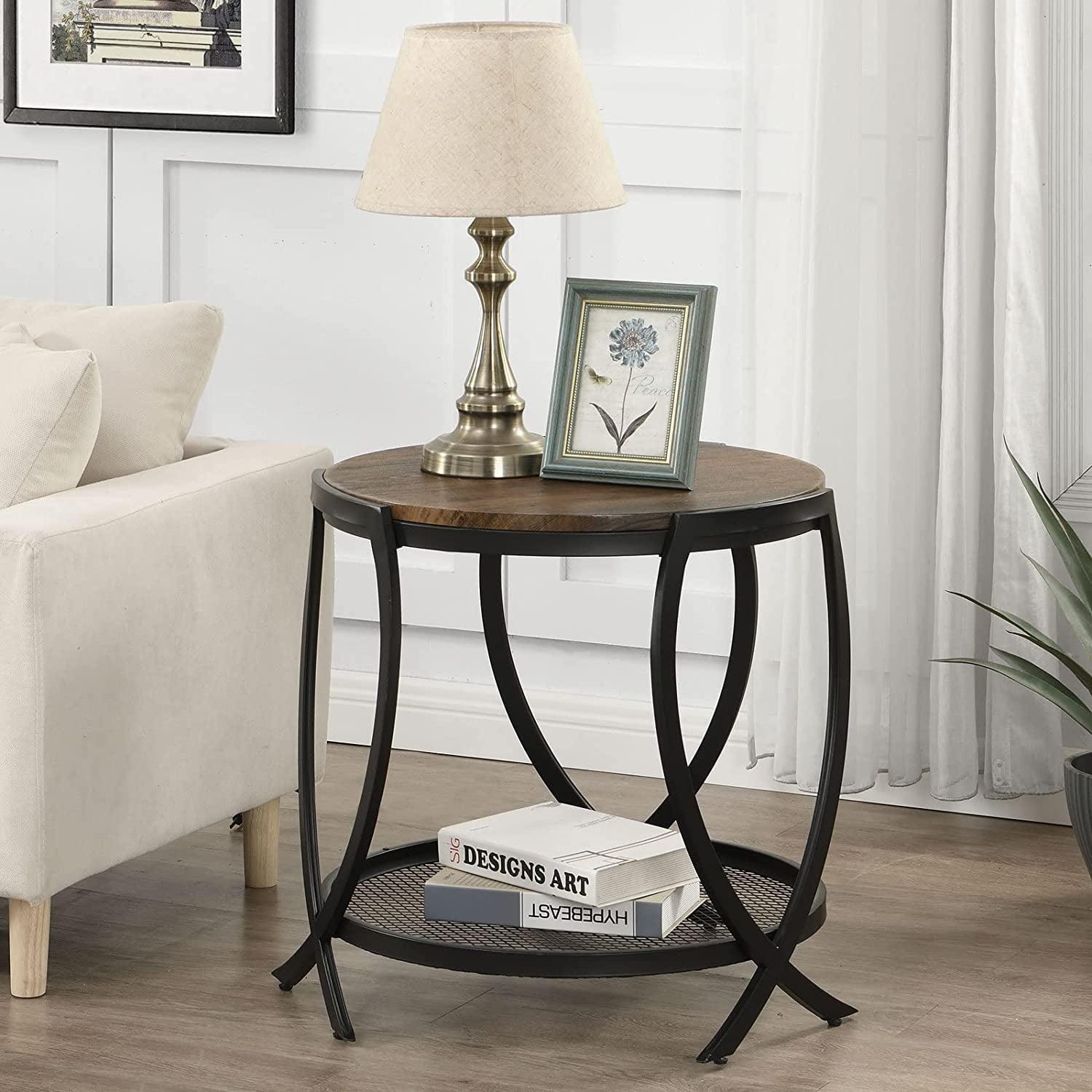 Rustic Brown Round Wood and Metal End Table with Storage Shelf