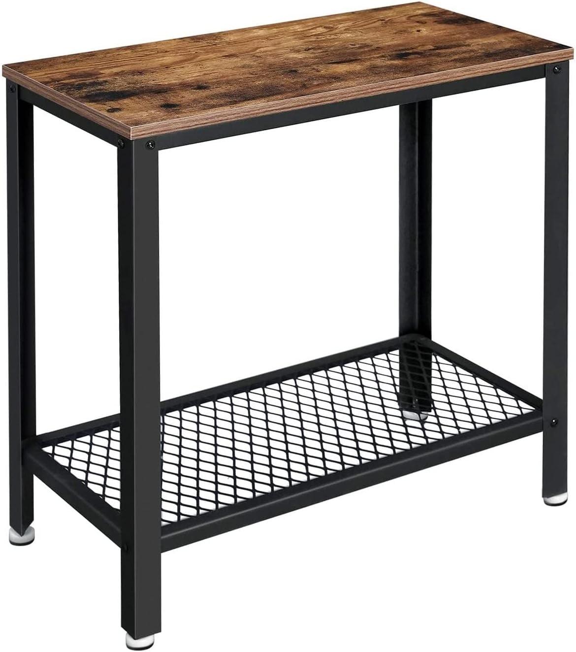 Rustic Brown and Black Industrial 2-Tier End Table with Mesh Shelf