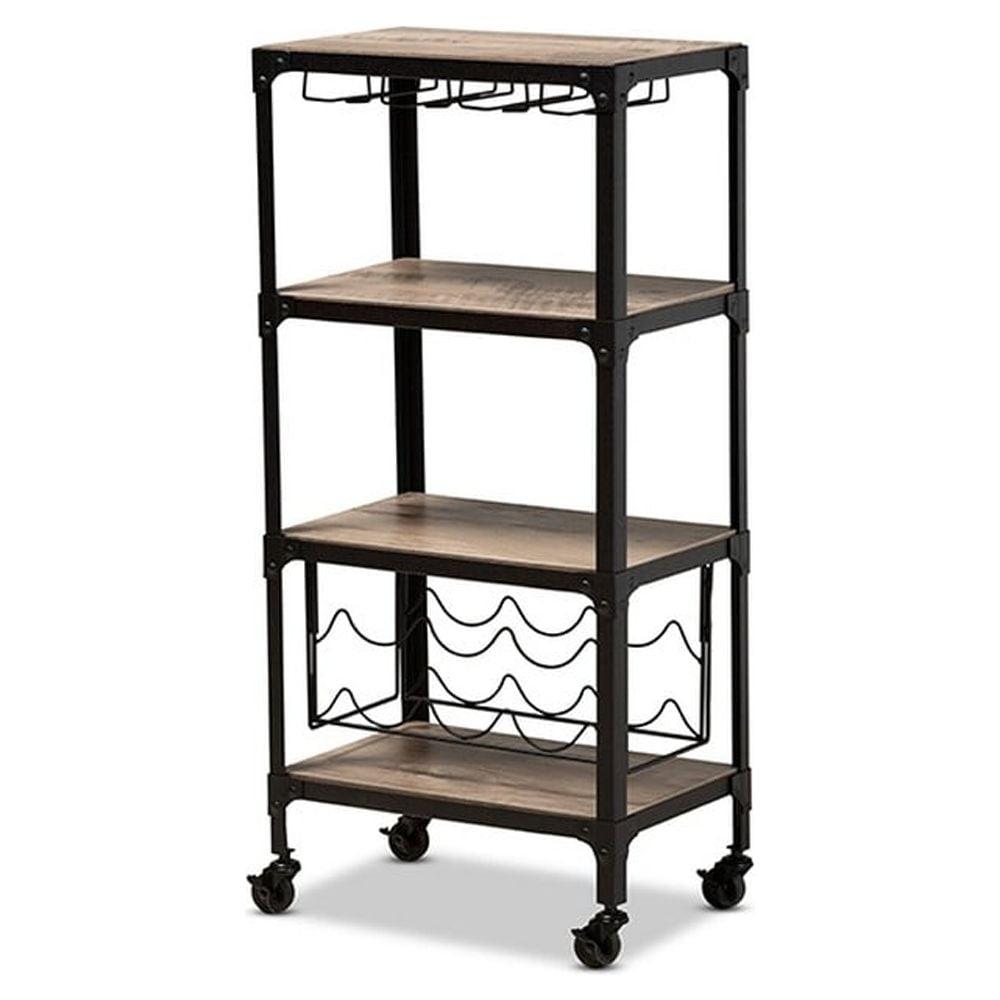 Industrial Black Metal and Wood Mobile Wine Cart with Storage