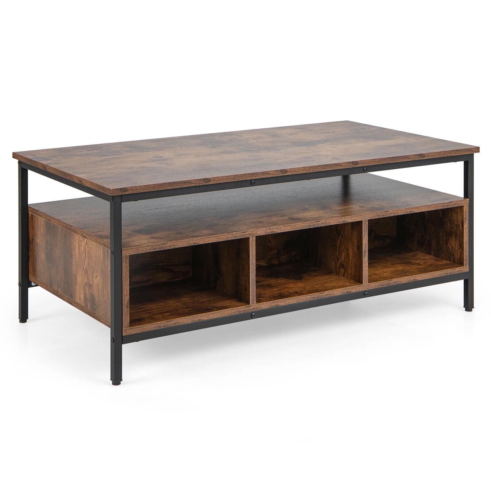 Rustic Brown Industrial Coffee Table with Storage Compartments