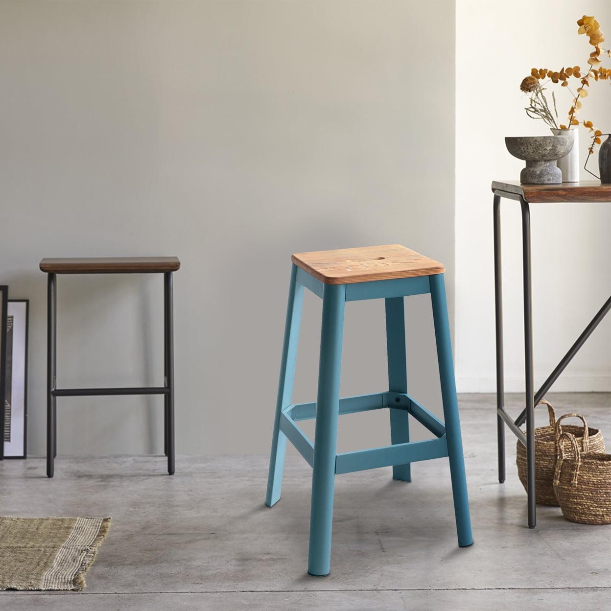 Natural Pine and Teal Metal Backless Bar Stool