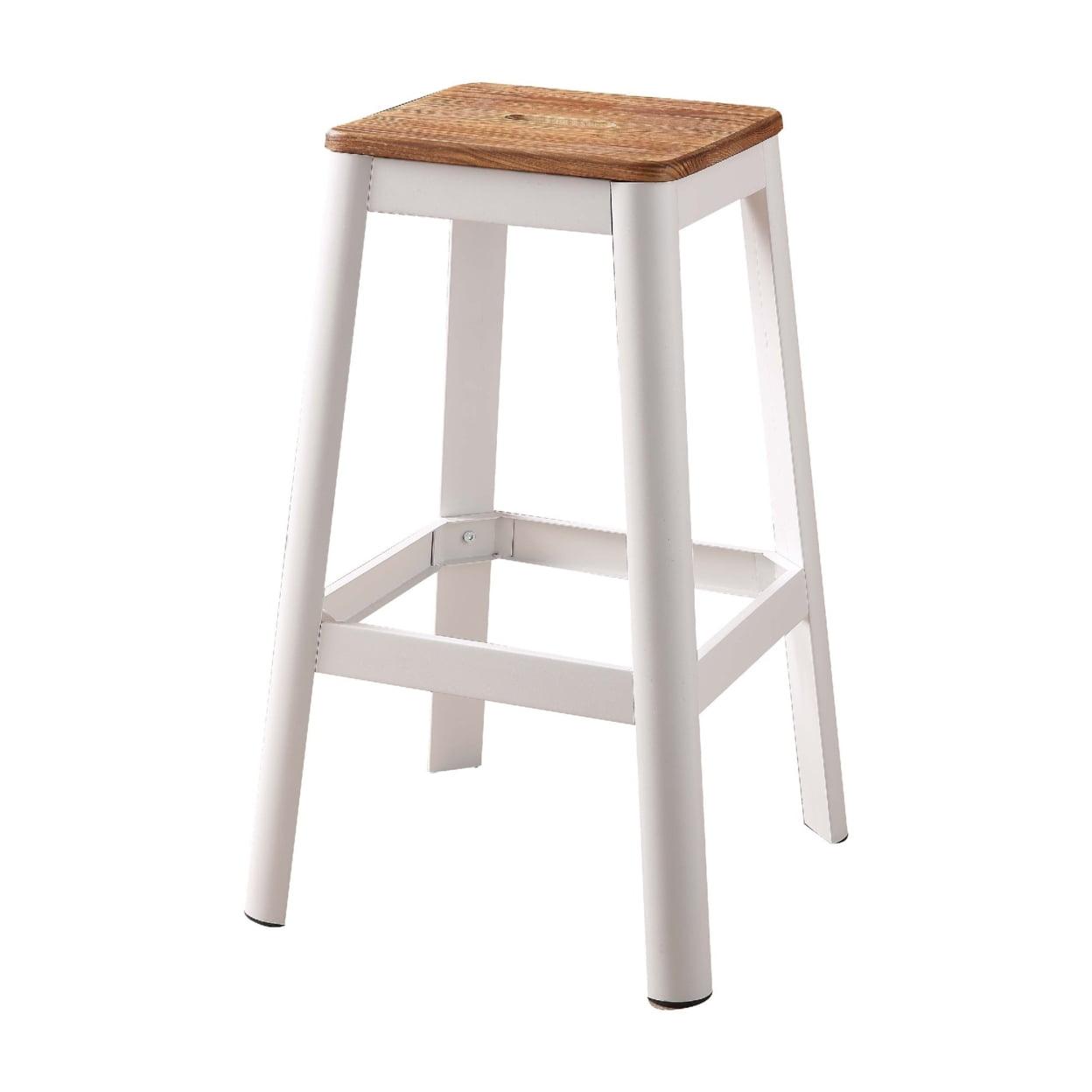 Natural and White Backless Pine Wood and Metal Bar Stool