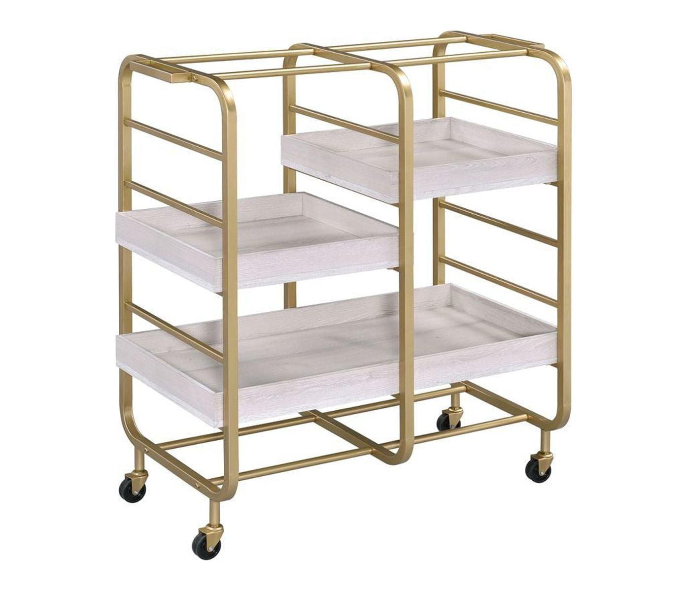 Vorrik Gold & White-Washed Industrial Serving Cart with Wooden Trays