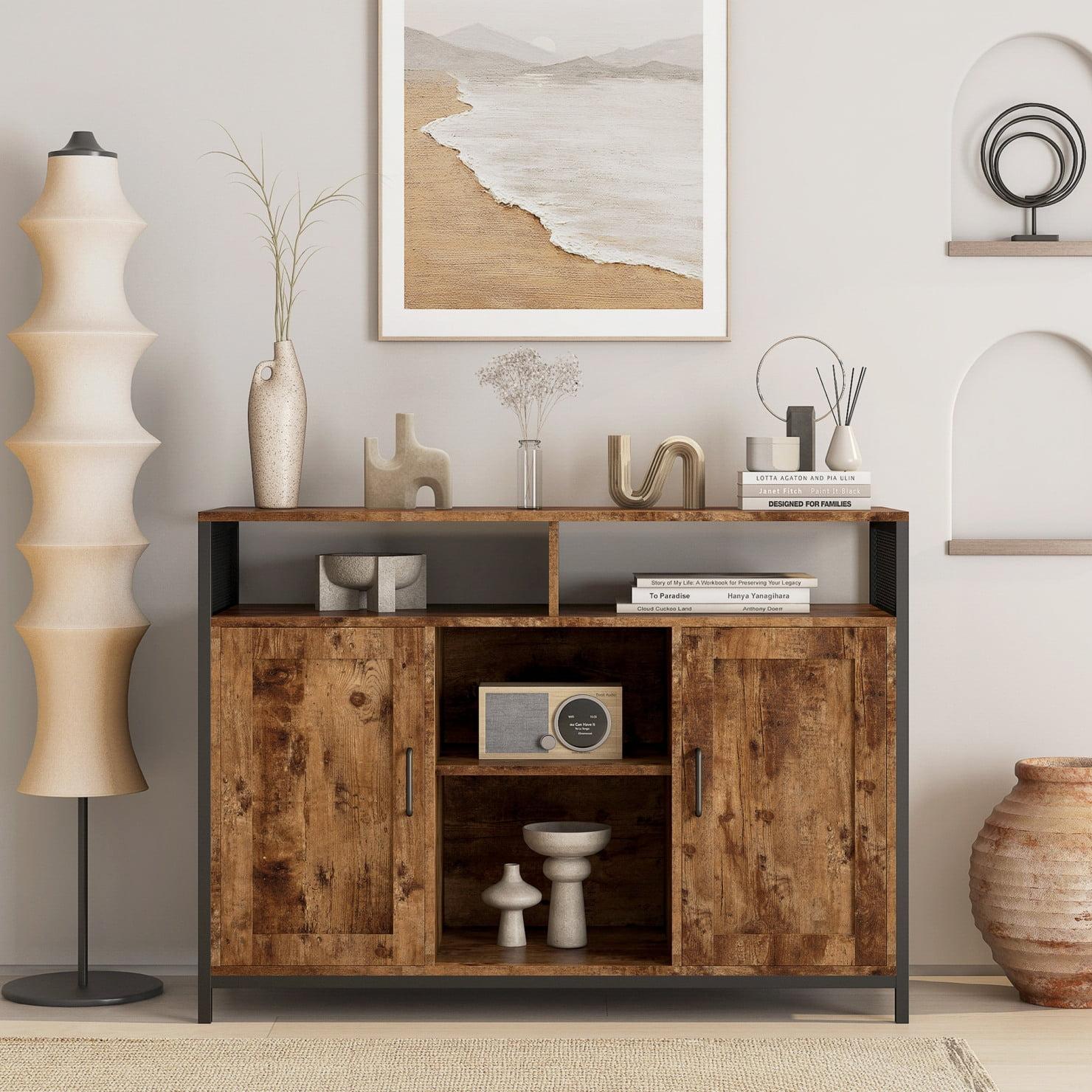 Rustic Brown Industrial Sideboard with Open Shelves and Doors