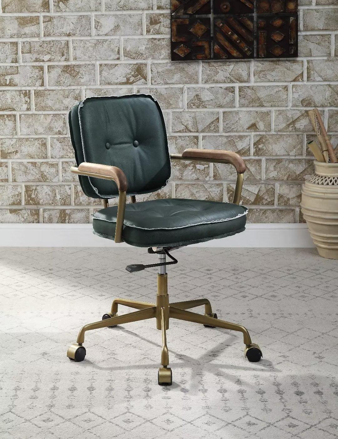 Elegant Emerald Green Leather Executive Swivel Chair with Gold Metal Base