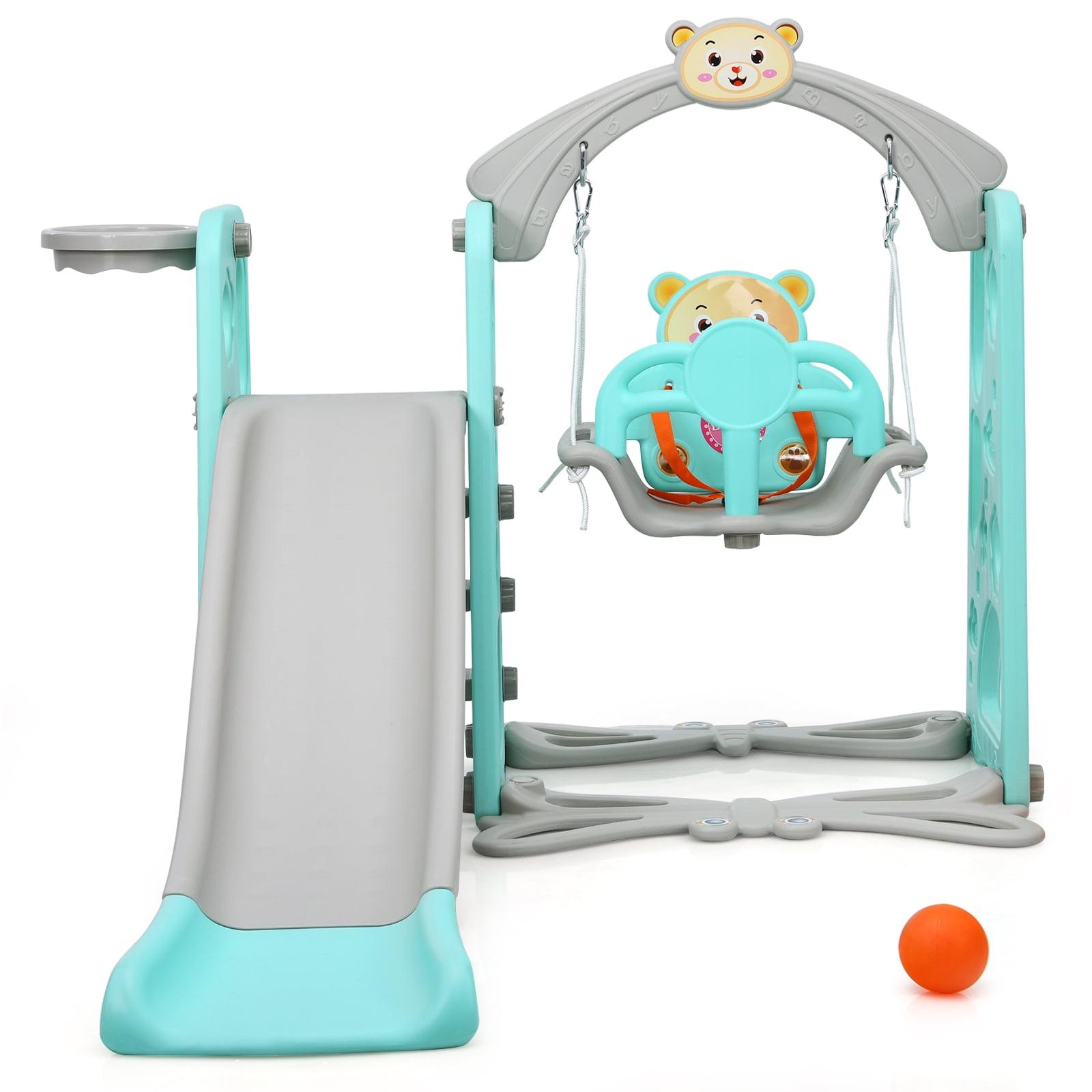 Costway 4-in-1 Toddler Climber and Swing Set w/ Basketball Hoop & Ball Green