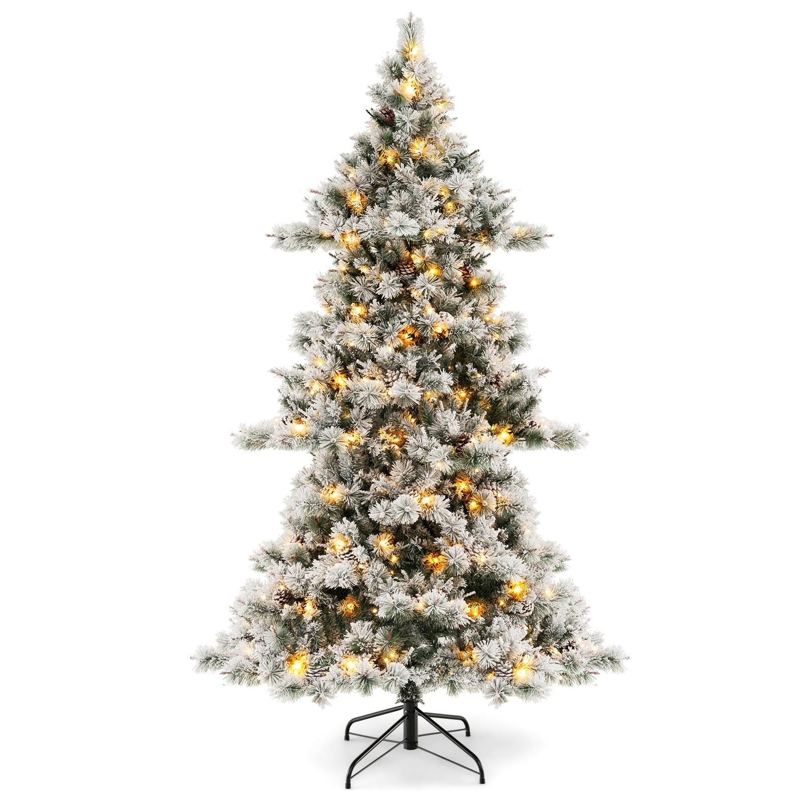 Costway 7 FT Flocked Christmas Tree Hinged Xmas Decoration with 420 LED Lights & 1057 Tips