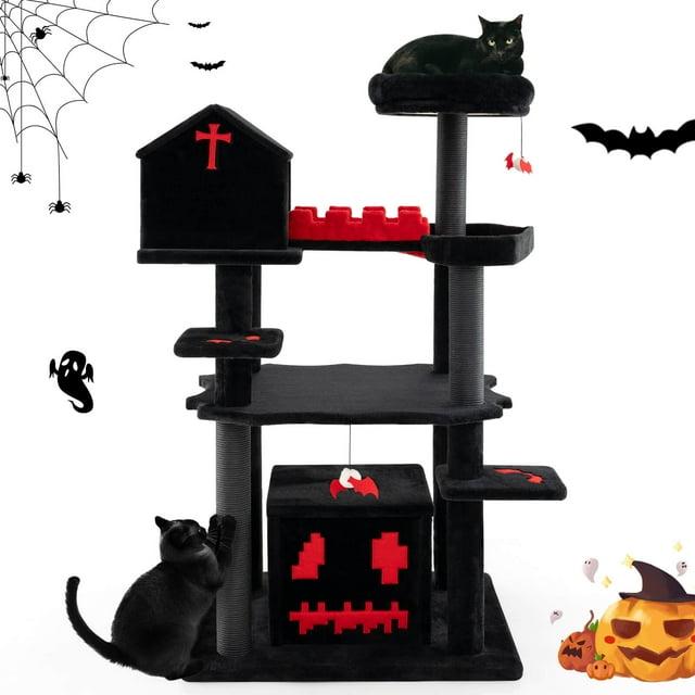 Tangkula Gothic Cat Tree 49" Tall Cat Tower w/ Coffin Bed & 2 Condos & Cozy Perch