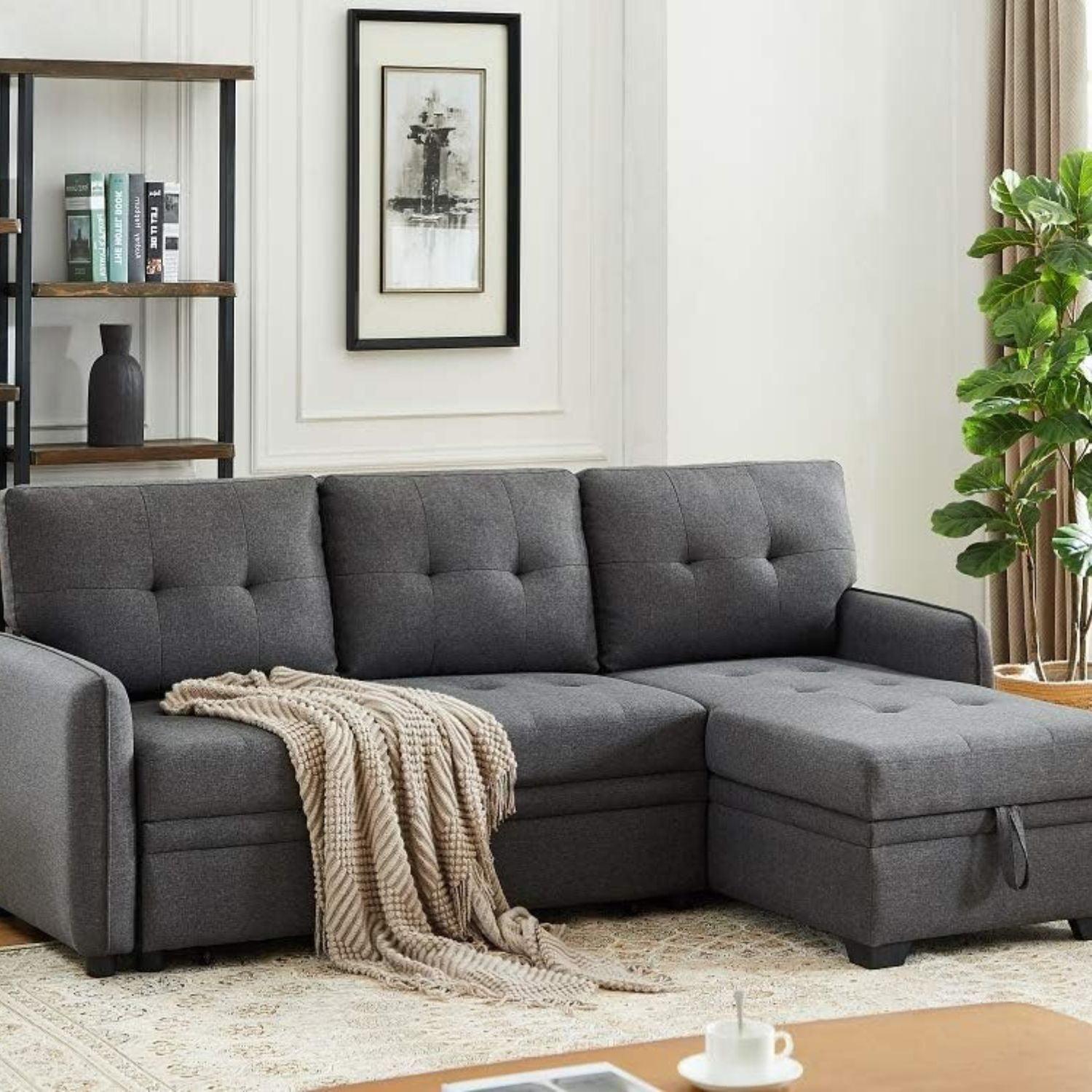 Contemporary Low-Profile Tufted Sectional in Dark Gray Linen