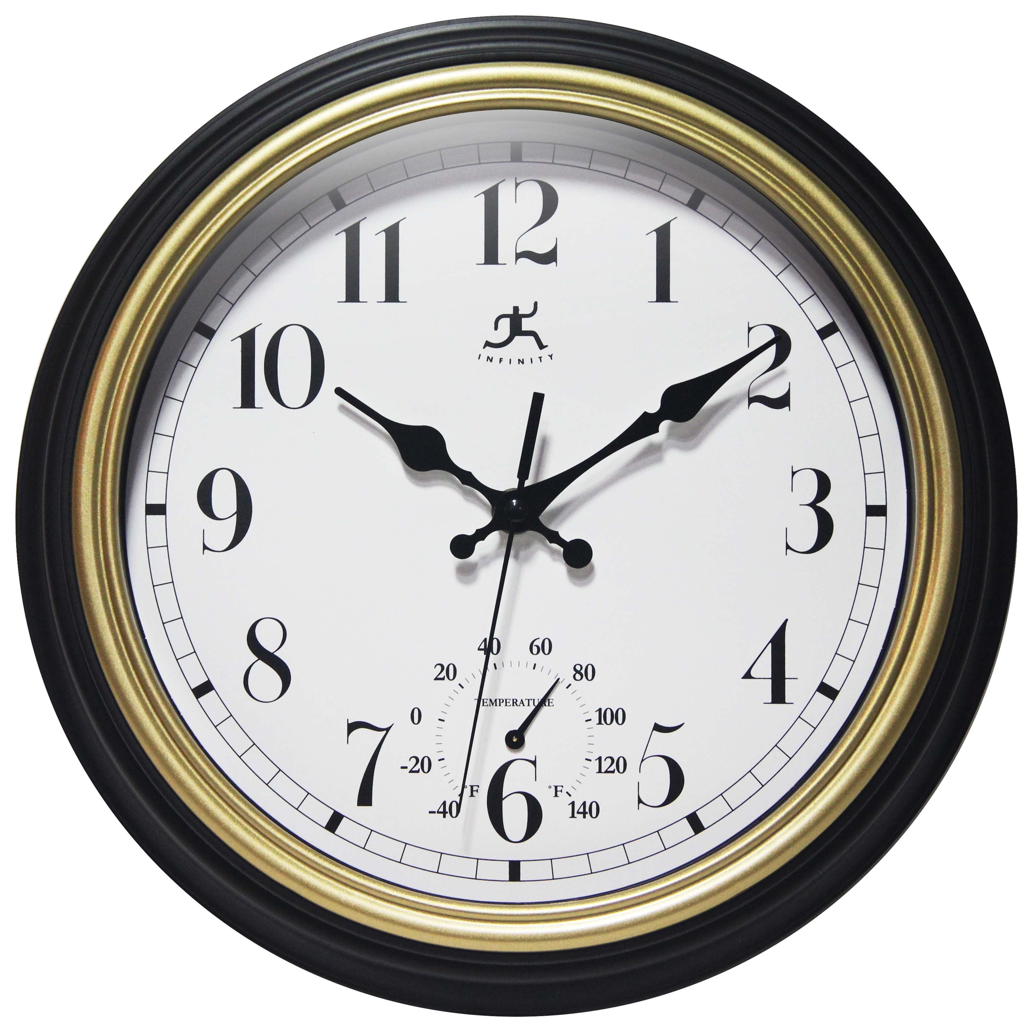 12-Inch Black and Gold Round Wall Clock with Thermometer