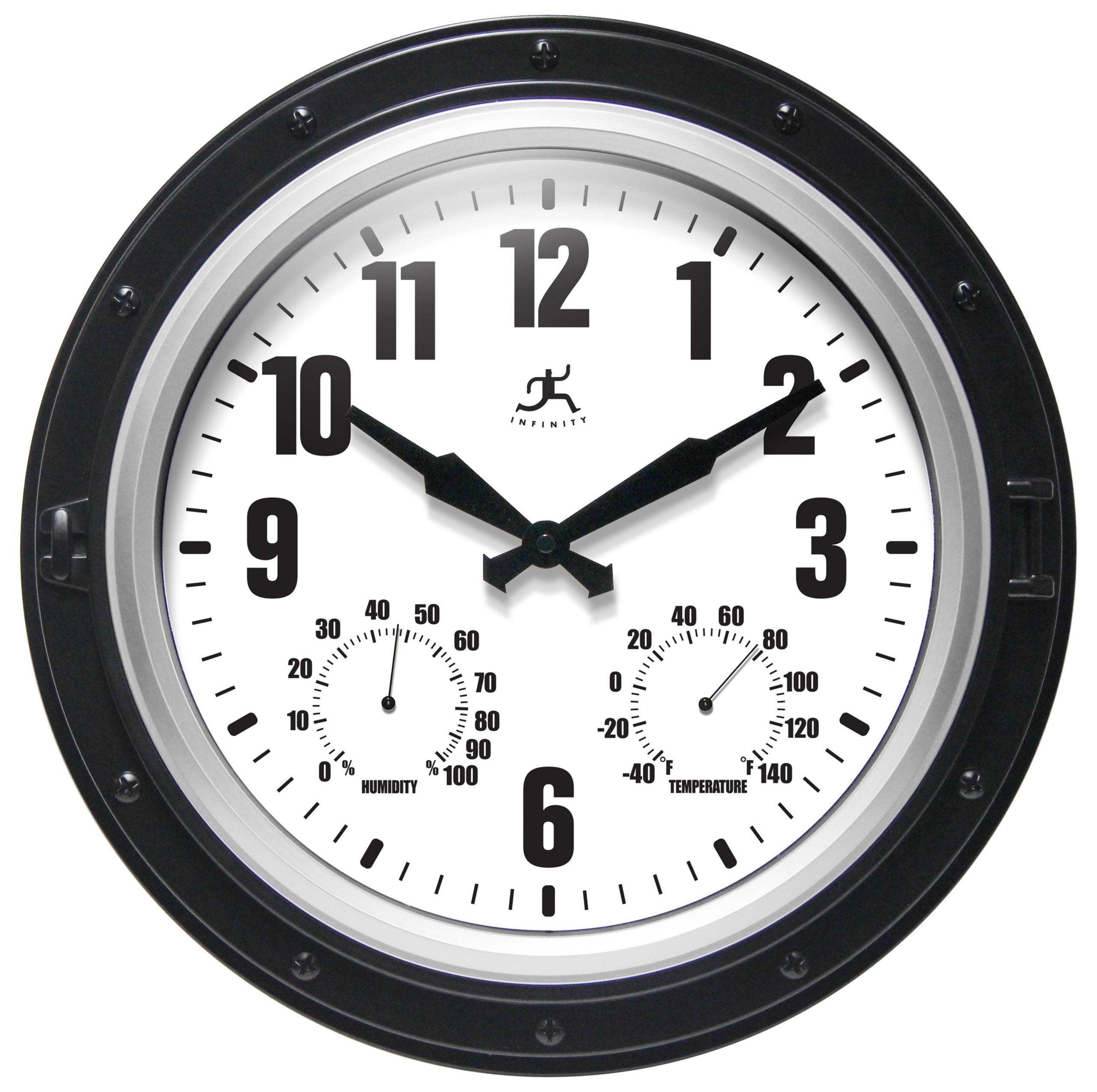 16" Forecaster Wall Clock Silver - Infinity Instruments: Modern Analog, Outdoor Use, Thermometer Feature