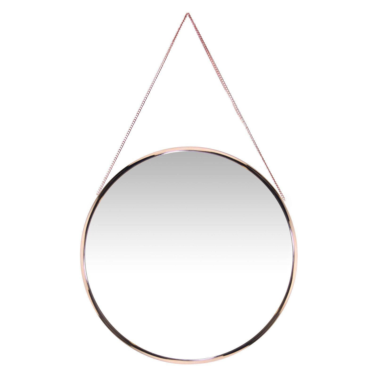 21" Modern Round Wood & Gold Wall Mirror with Metal Chain