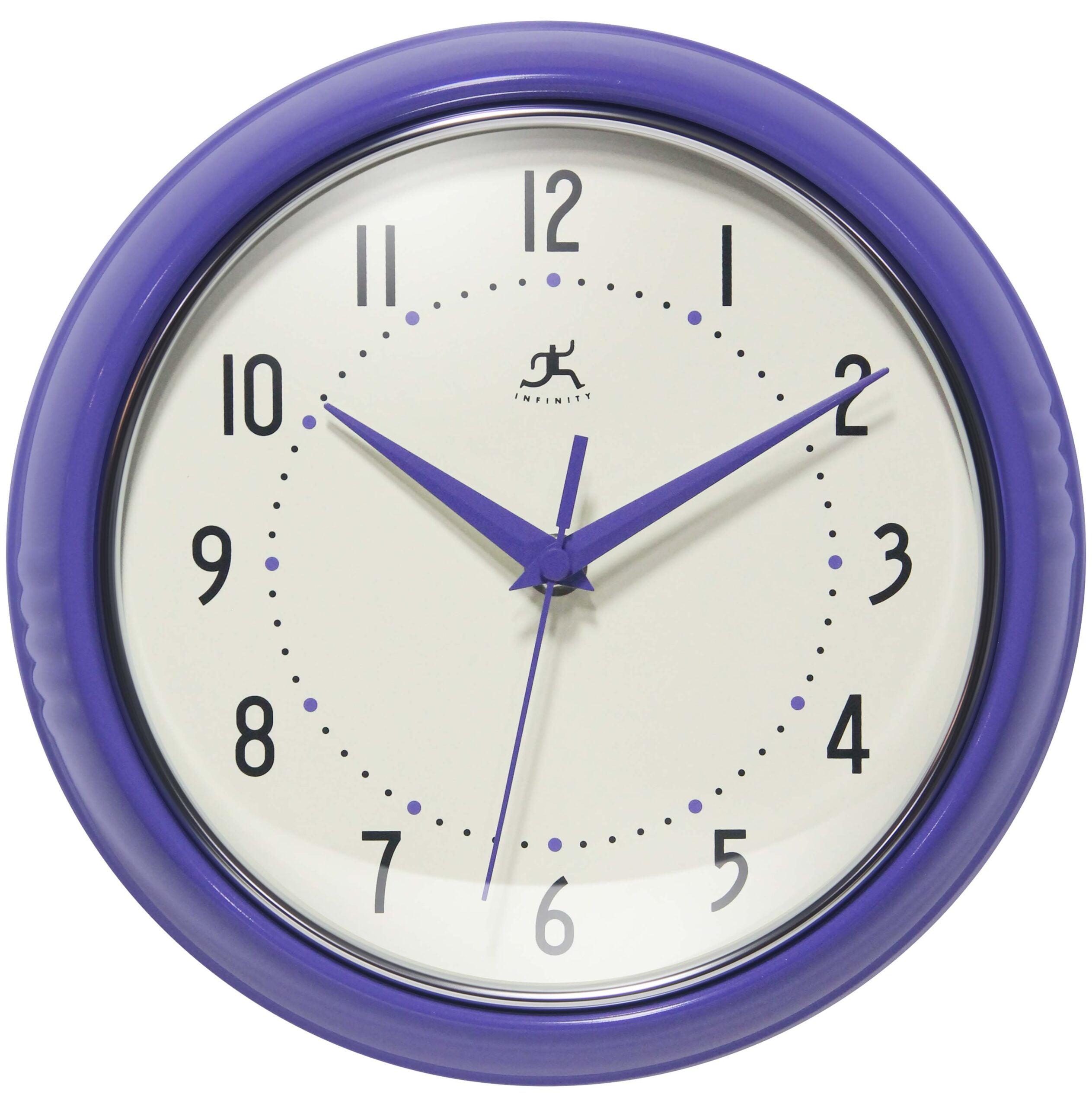 9.5" Retro Round Wall Clock Purple - Infinity Instruments: Indoor Decorative Timepiece for Kitchen