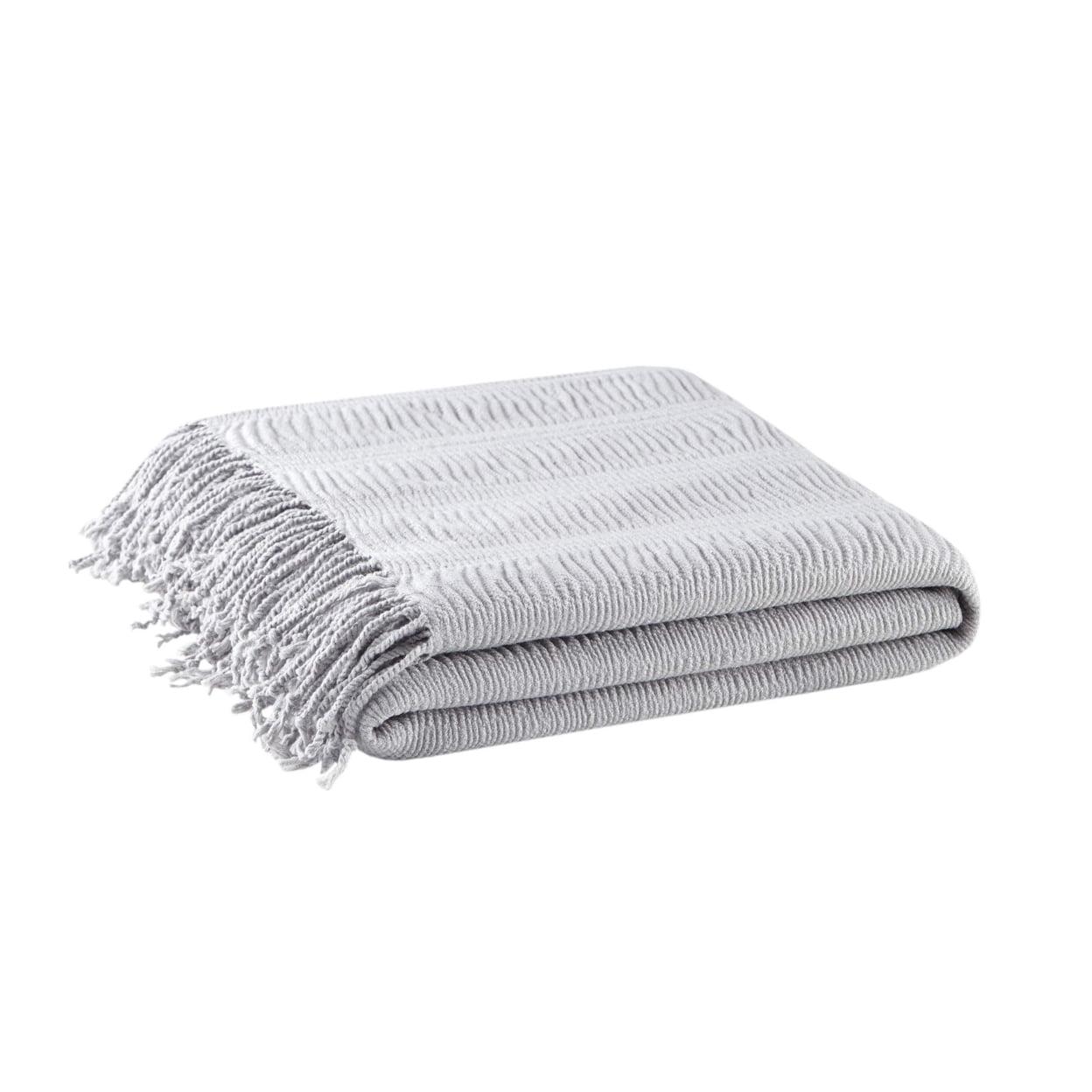 Gray Knitted Wool Ruched Throw with Fringe