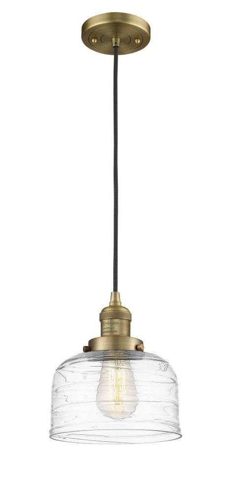 Brushed Brass Bell Mini Pendant with Clear Deco Swirl Glass