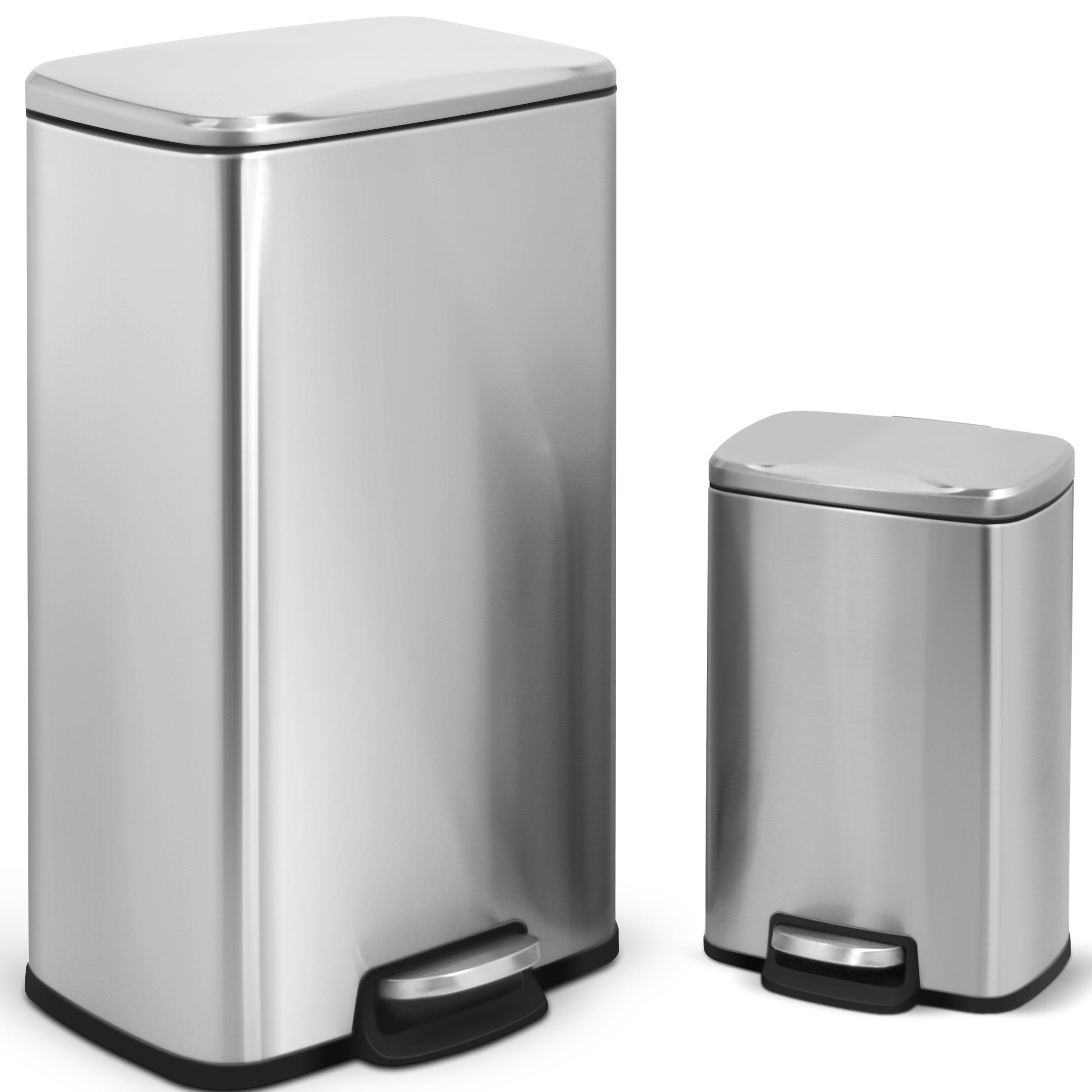 Fingerprint Resistant Brushed Stainless Steel Step-On Trash Can Set