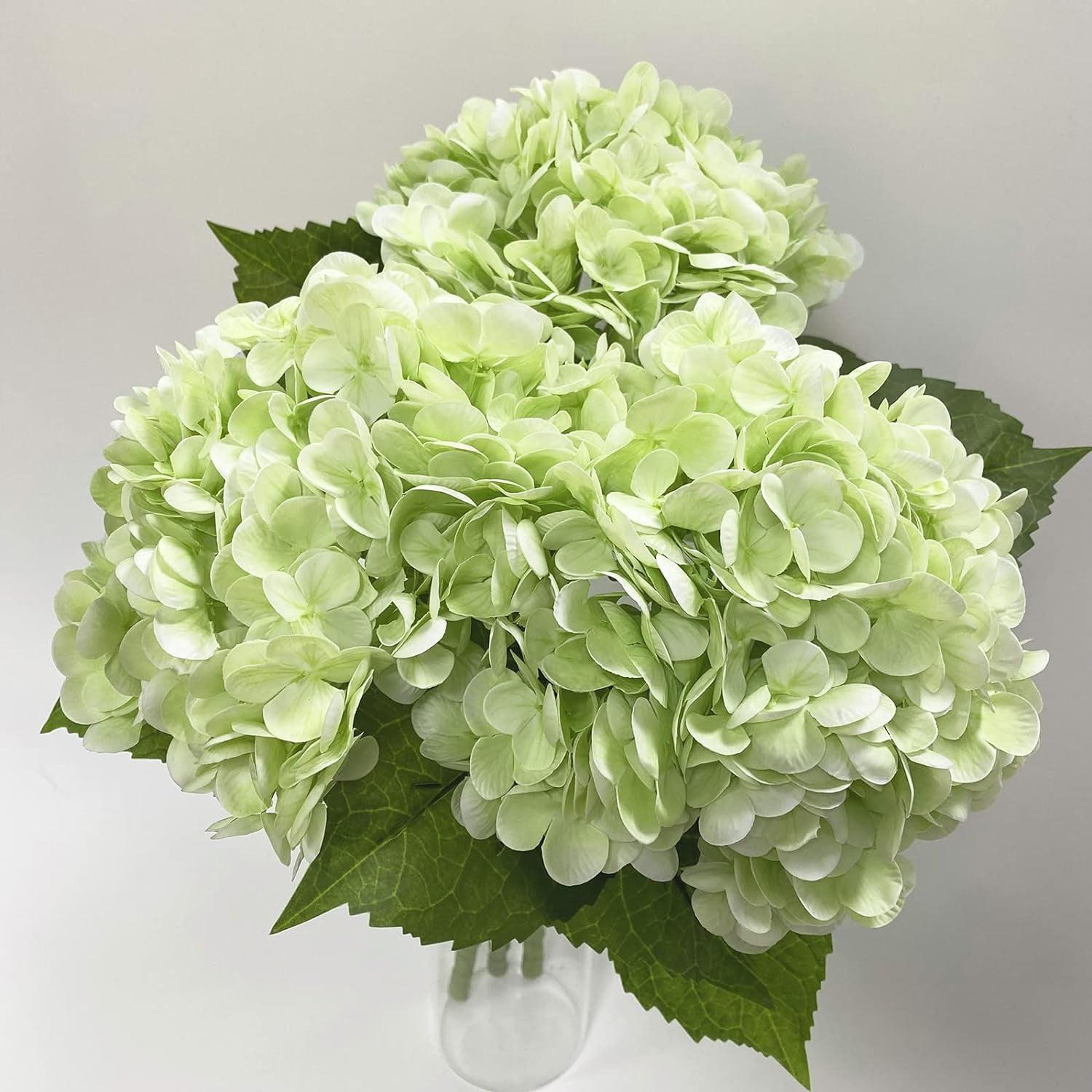 Innovire 3 pcs Big Light Green Artificial Hydrangea Flowers 21 inches Long Stem Real Touch Hydrangeas for Home Kitchen Fall Flower Decoration Thanksgiving Christmas Table Centerpiece Hydrangea Li