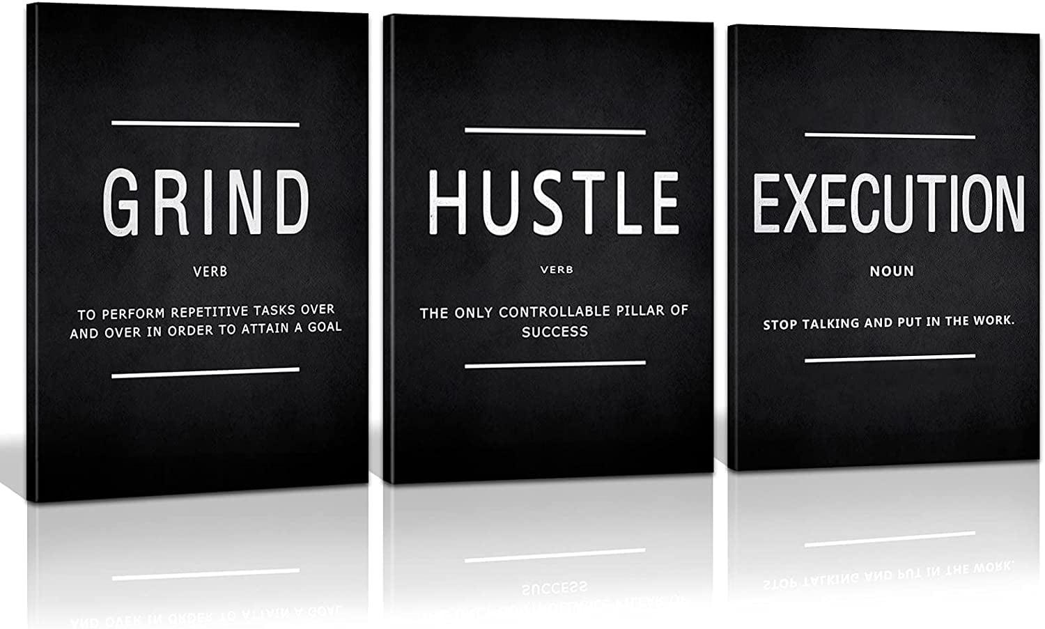 Success Quotes Wall Art, Grind Hustle Conquer Motivation Wall Poster Framed Positive Sayings Wall Hanging Inspirational Quotes for Home Office Workplace - 12x16inx3pcs