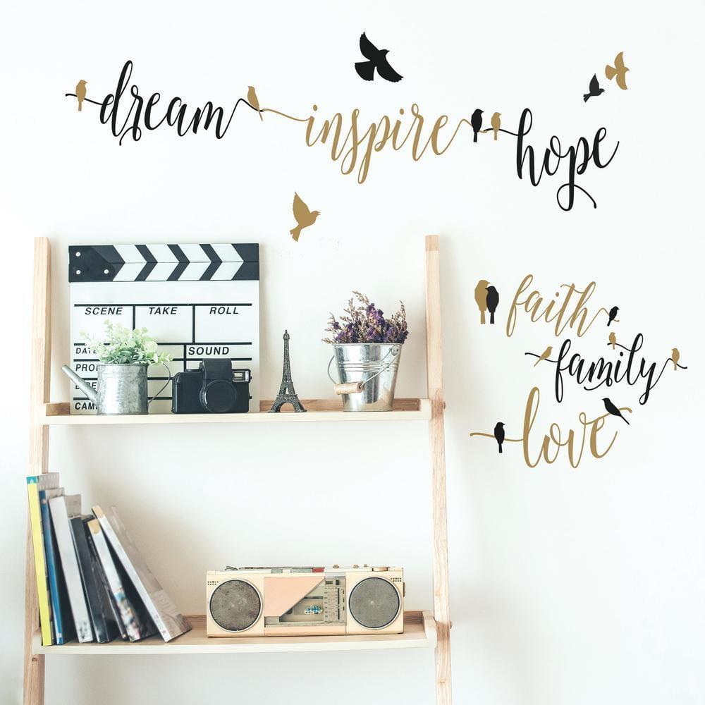 Inspirational Words and Birds Gold and Black Wall Decals