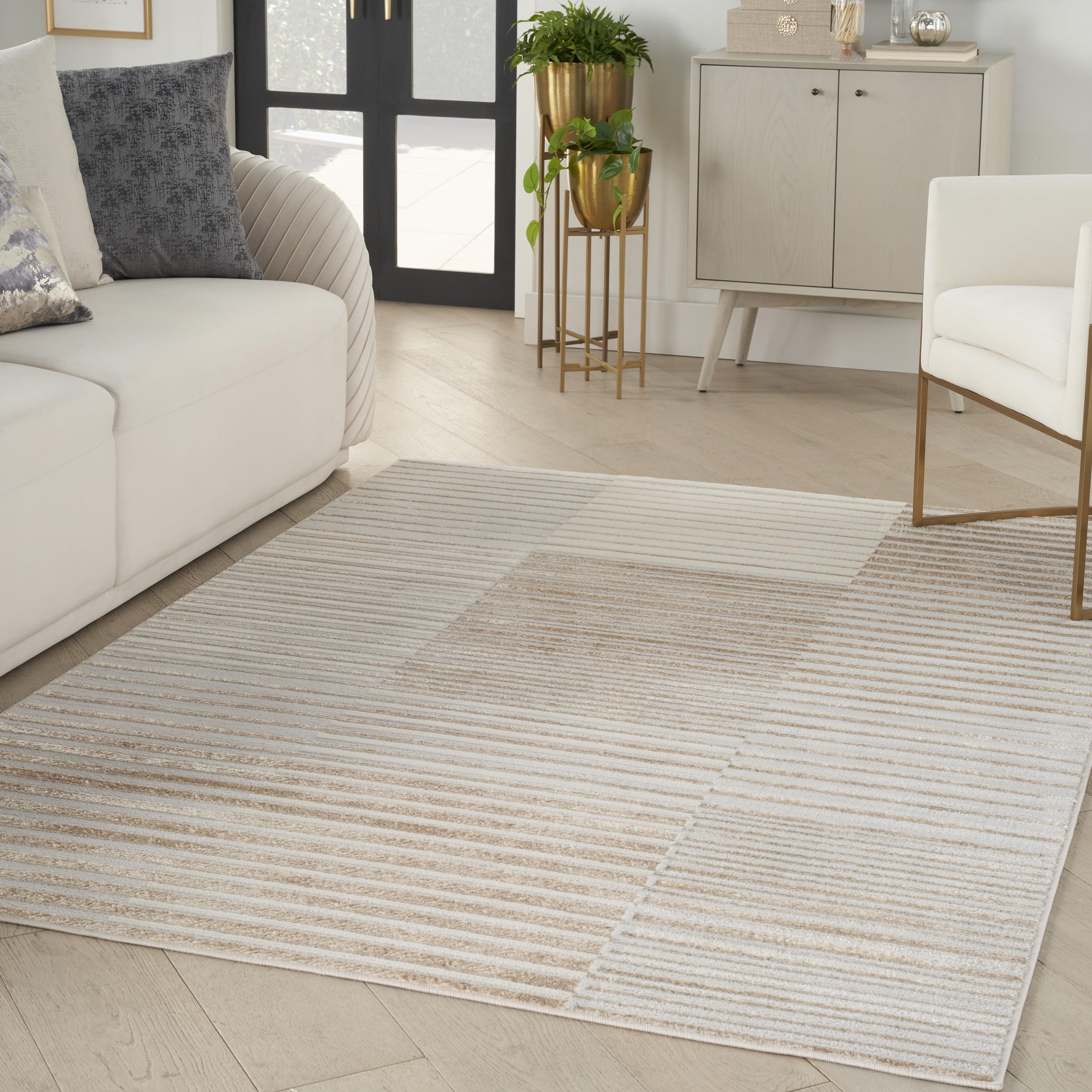 Beige Silver Striped 5' x 7' Synthetic Area Rug