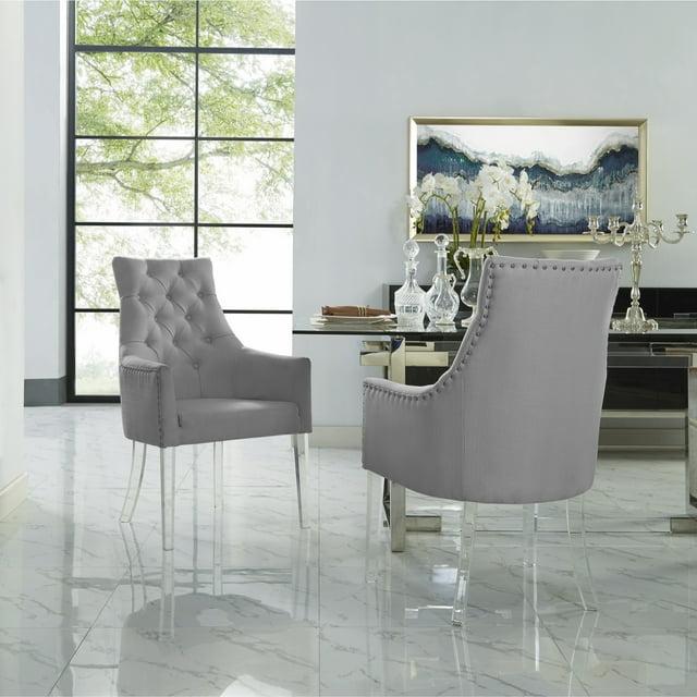 Inspired Home Marilyn Linen Button Tufted Swoop Arm Acrylic Leg Dining Chair (Set of 2), Light Grey