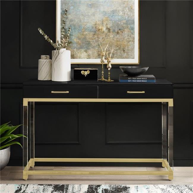 Inspired Home Alena Console Table 2 Drawers High Gloss Acrylic Legs Gold Stainless Steel Base Modern Design, Black/Gold