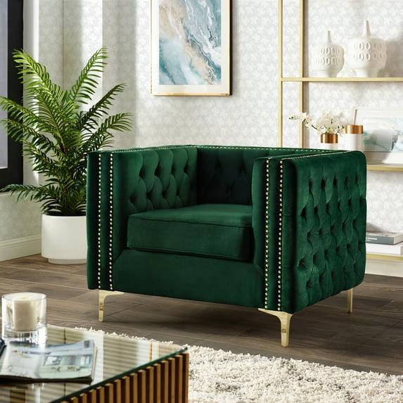 Inspired Home Sania Velvet Club Chair- Tufted Nailhead Trim Gold Legs, Hunter Green
