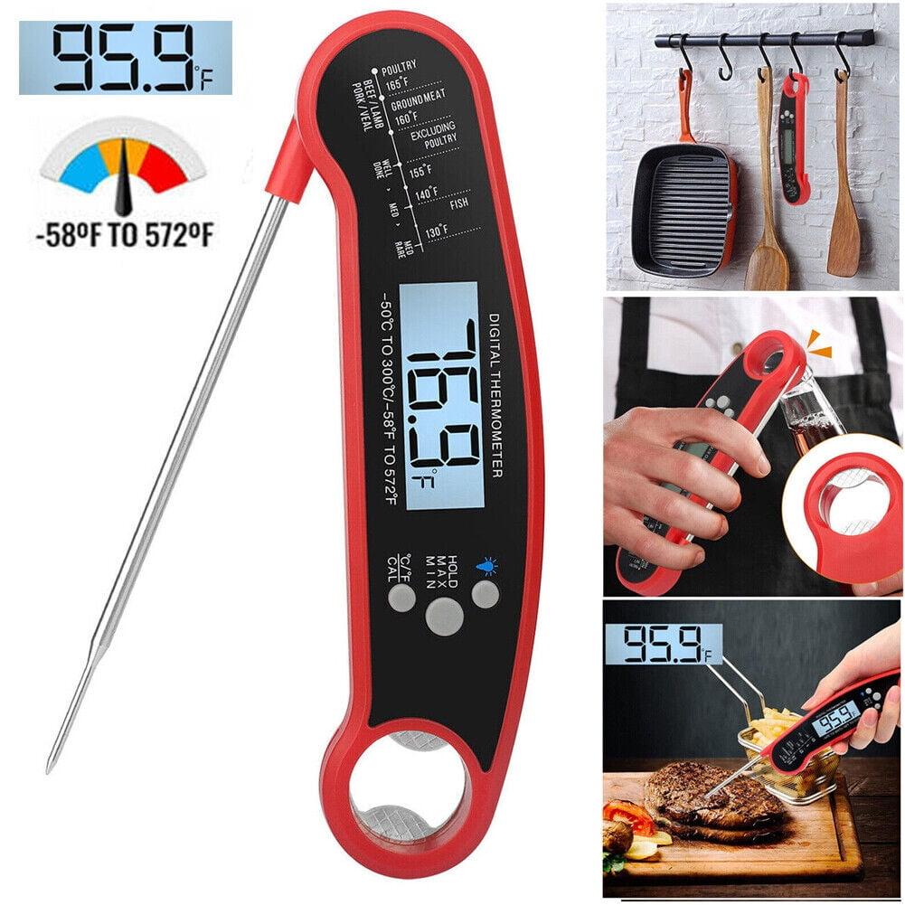 Digital Meat Thermometer for Grill/Cooking Fast Instant Read Waterproof Magnetic Probe Thermometer w/Backlight and Display for Kitchen, BBQ, Frying, etc. Chicken, Steak,or Burgers, Red