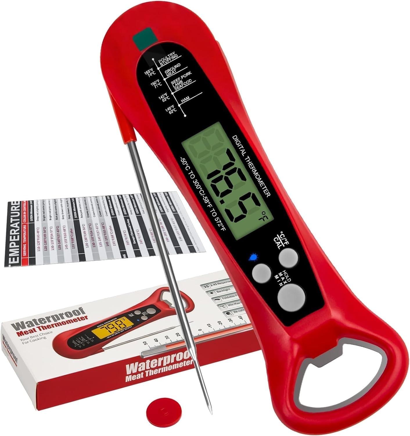 Red Digital Meat Thermometer with LCD Display and Foldable Probe