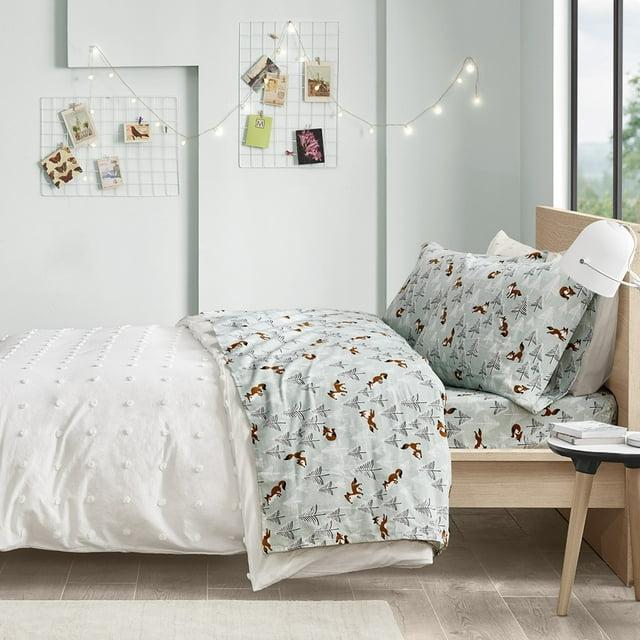 Intelligent Design Cozy Soft 4-Piece Full Cotton Flannel Printed Sheet Set, Seafoam Foxes