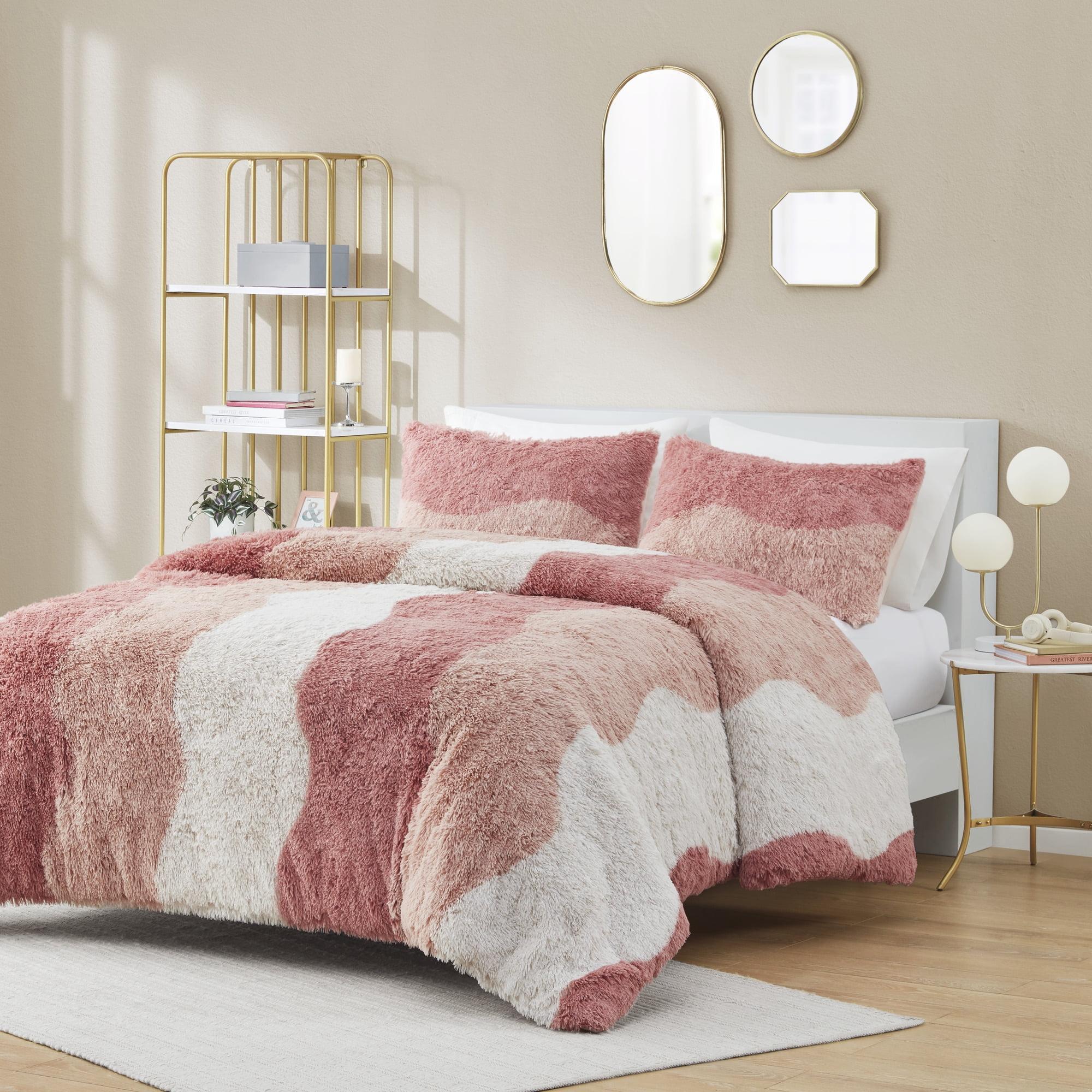 Blush Multi Faux Fur Full Comforter Set with Shams