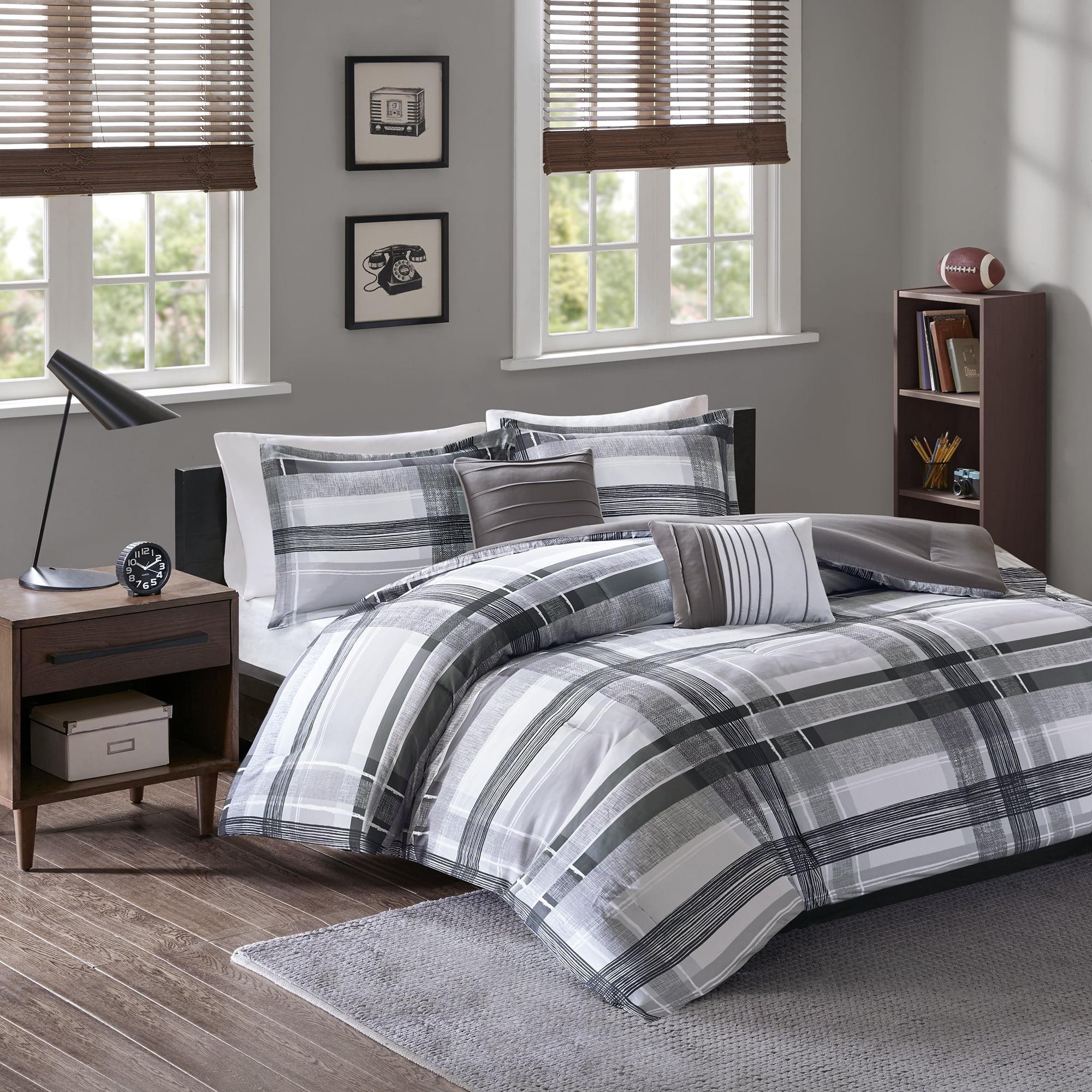 Full Gray Microfiber Reversible Plaid Comforter Set