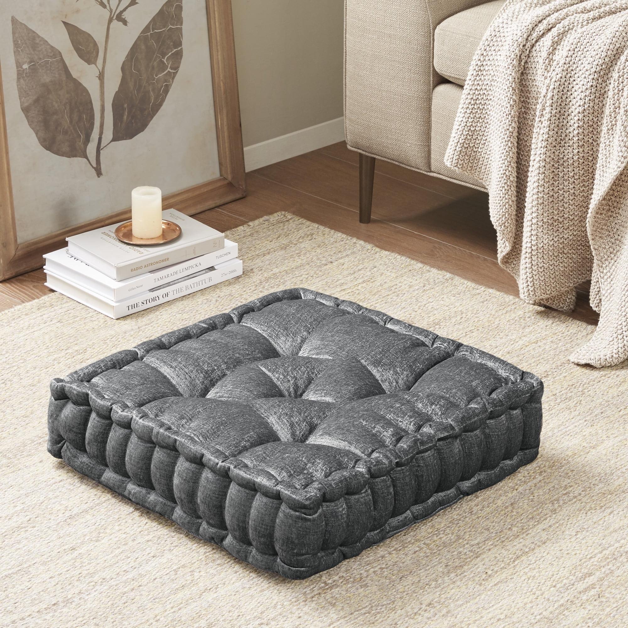 Charcoal Poly Chenille 20" Square Tufted Floor Pillow with Scalloped Edge