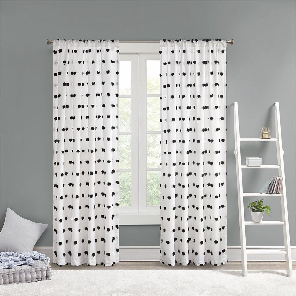 Black and White Faux Silk Pom Pom Sheer Curtain Panel