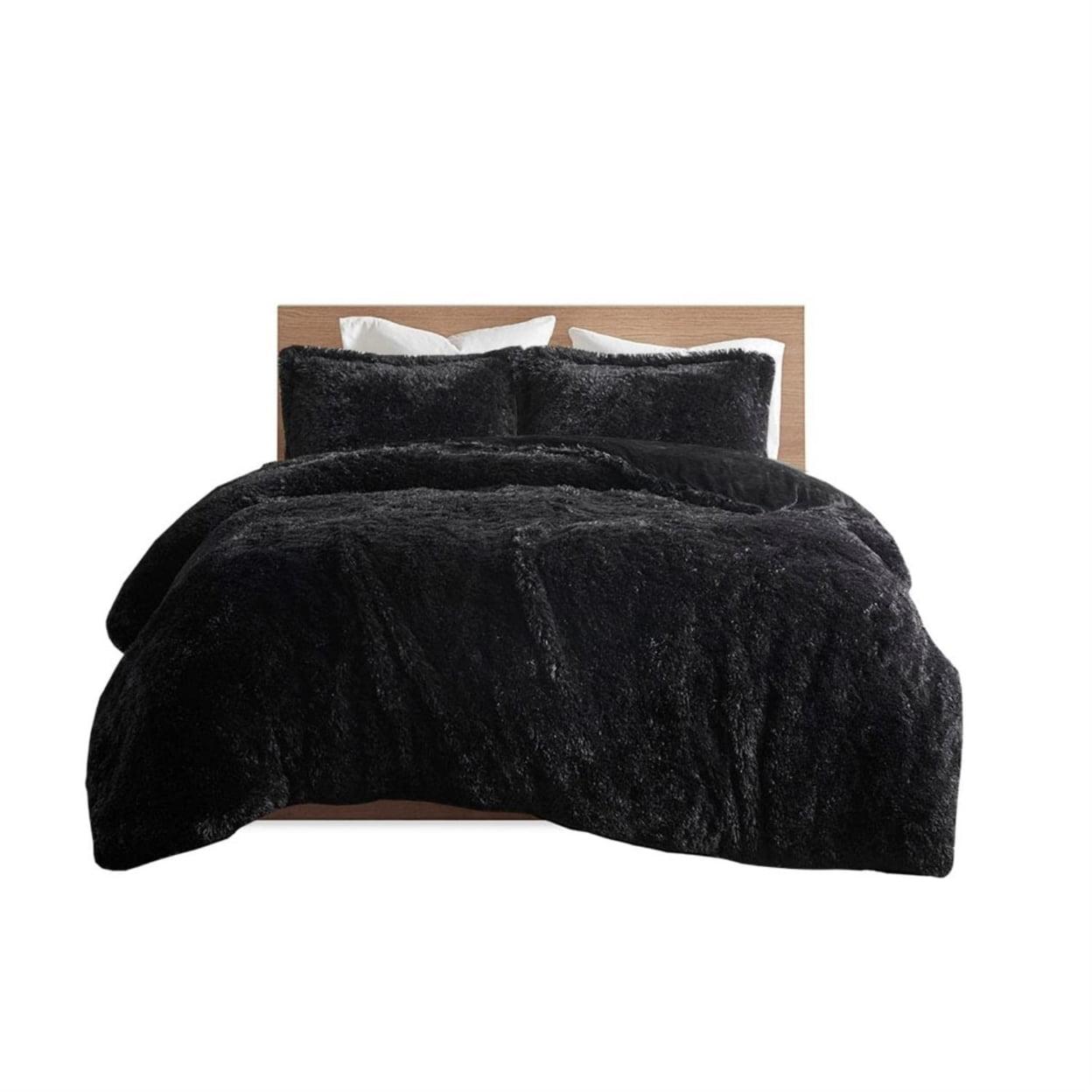 King Black Shaggy Faux Fur Duvet Cover Set