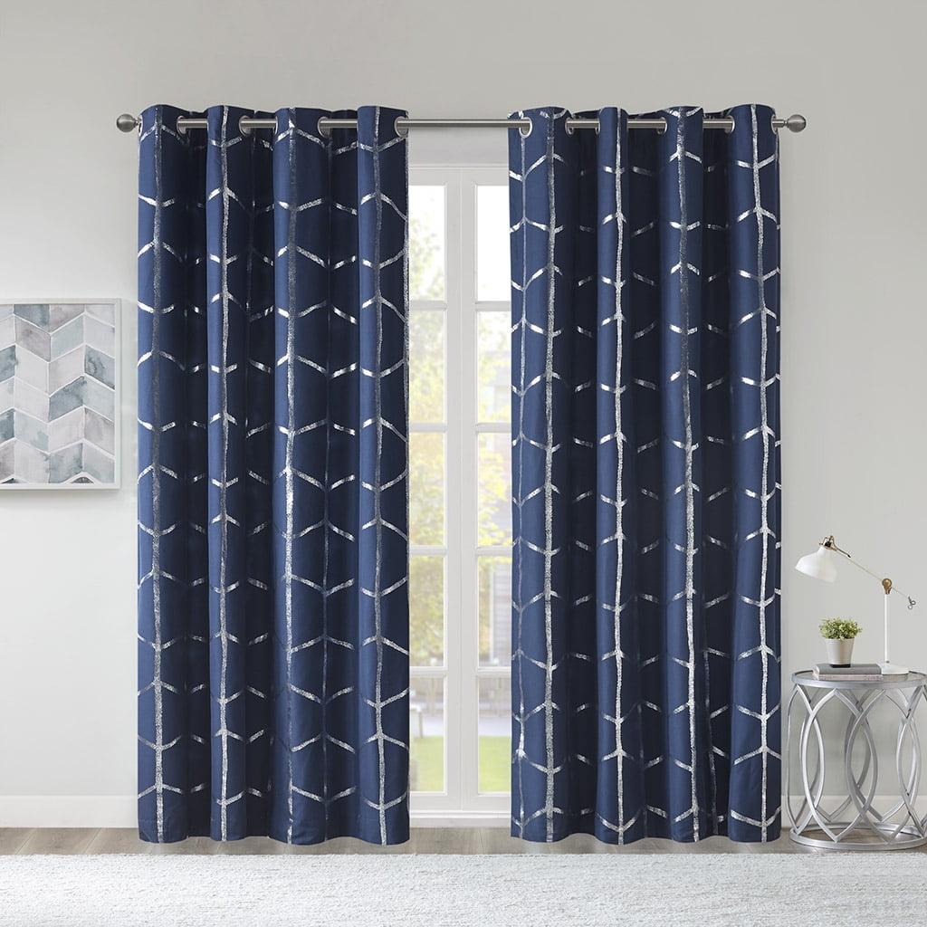 63"x50" Arielle Total Blackout Metallic Printed Curtain Panel Navy: Intelligent Design, Geometric Grommet Top, Energy Efficient