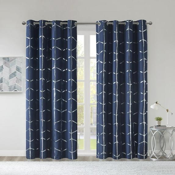 63"x50" Arielle Total Blackout Metallic Printed Curtain Panel Navy: Intelligent Design, Geometric Grommet Top, Energy Efficient