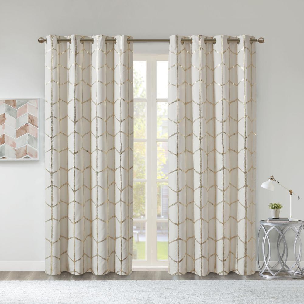 Ivory and Gold Geometric Blackout Grommet Curtains, 50"x84" Set of 2