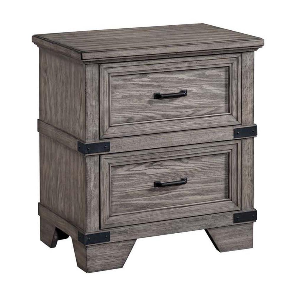 Steel Gray 2-Drawer Oak Veneer Nightstand with Metal Accents