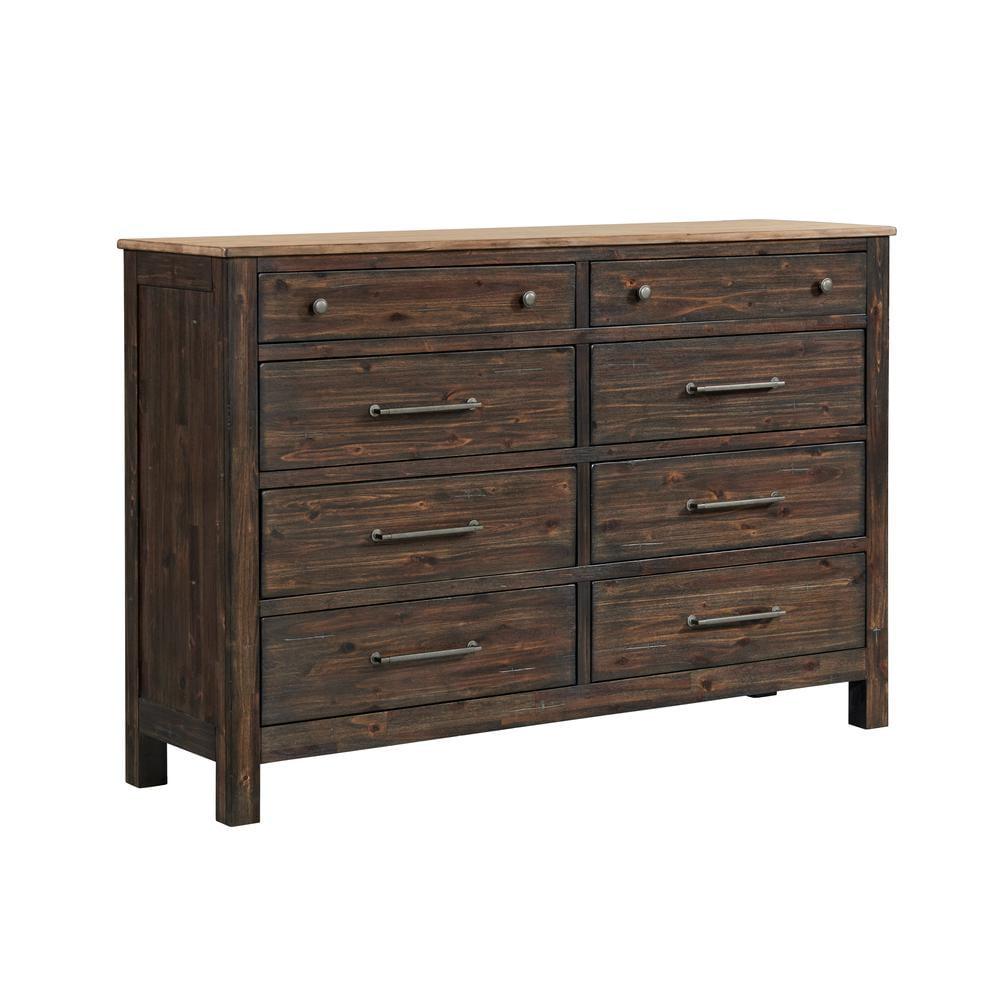 Transitional Acacia Wood 8-Drawer Dresser in Driftwood and Sable