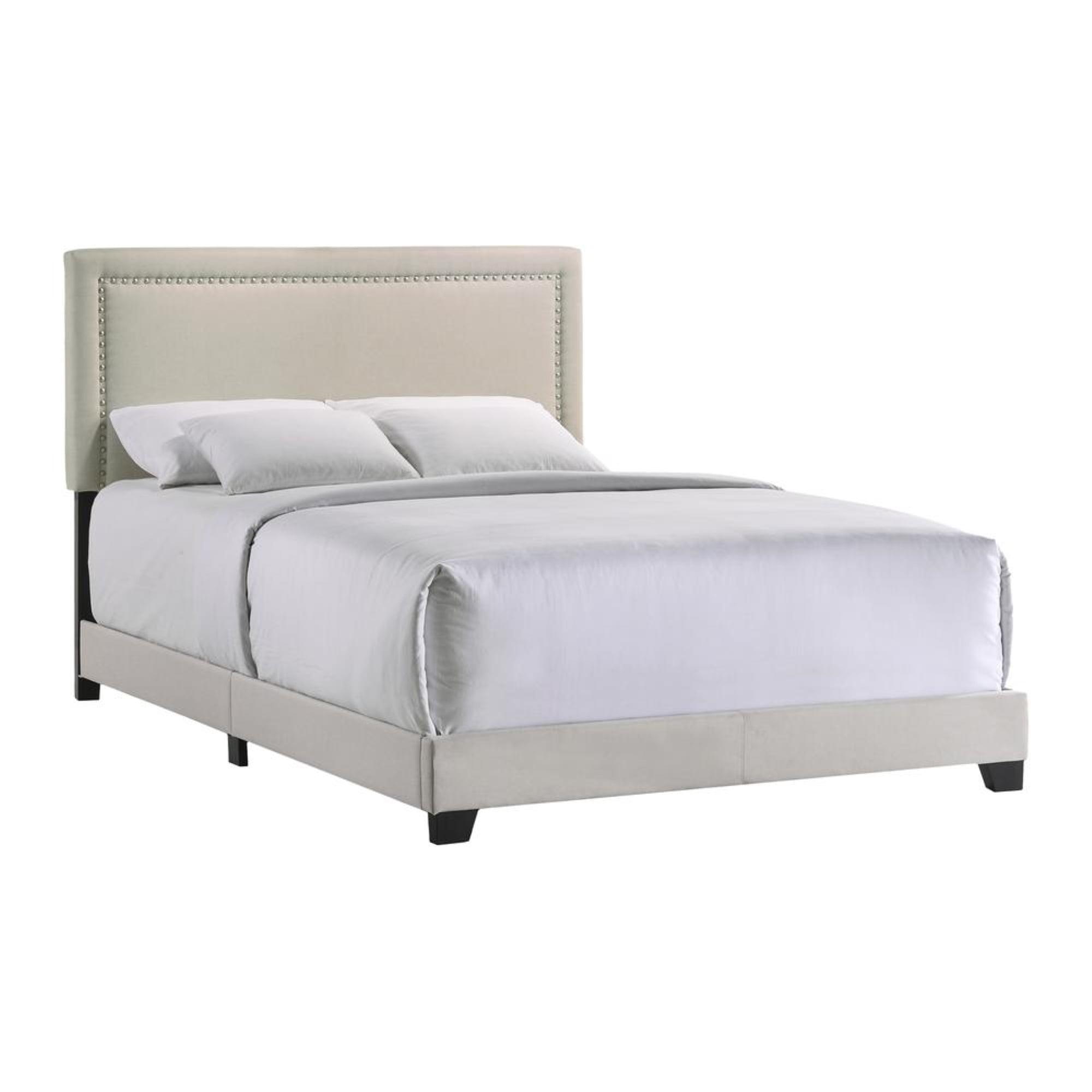 Queen Fog Beige Upholstered Wood Frame Bed with Nailhead Trim