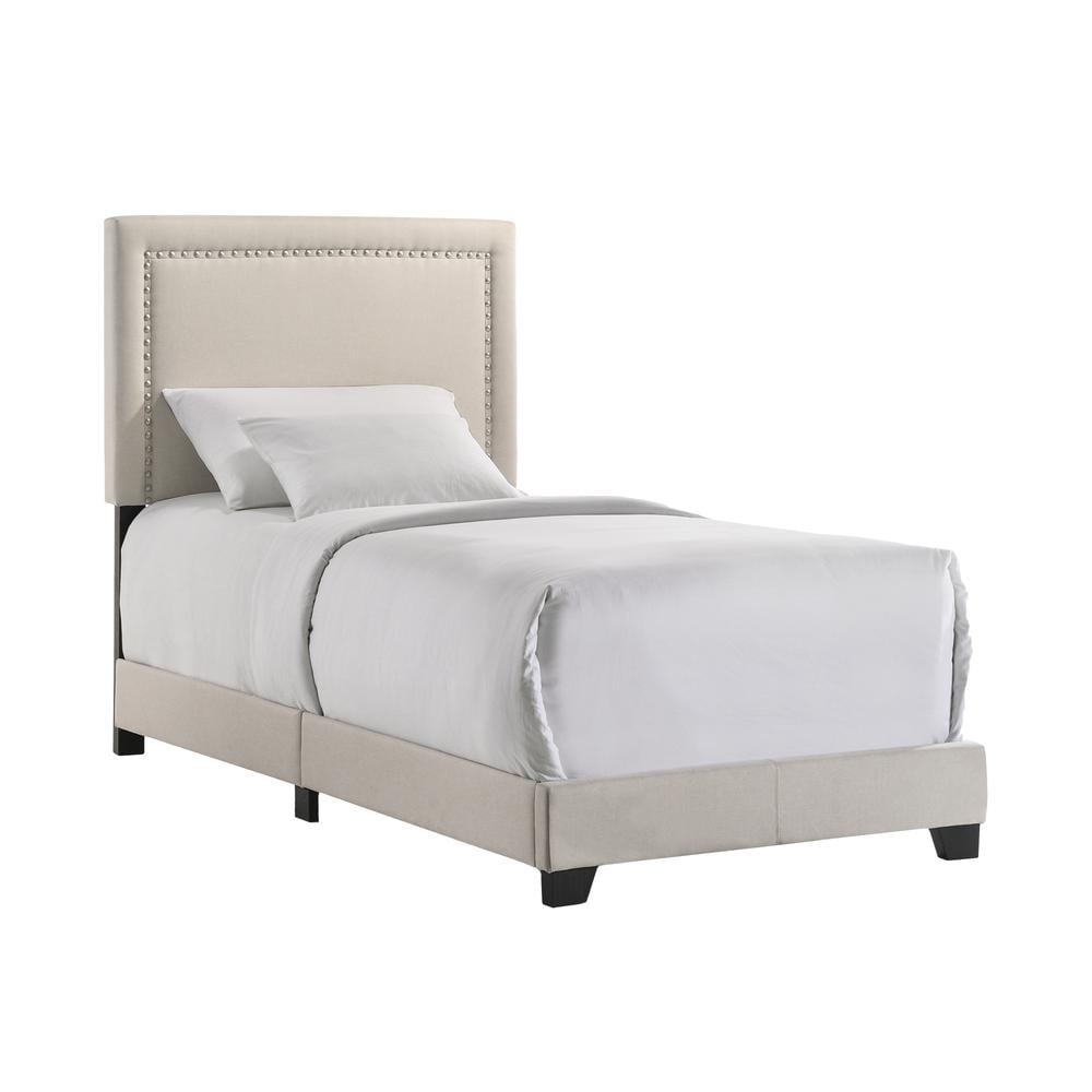 Zion White Twin Upholstered Bed with Tufted Headboard and Nailhead Trim