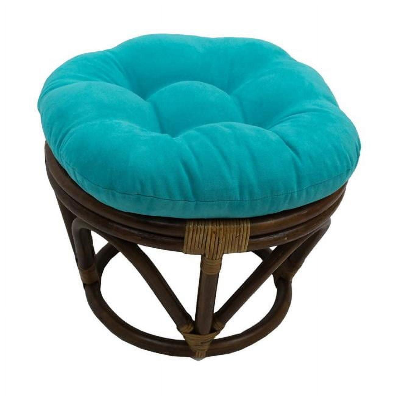 Aqua Blue Tufted Rattan Ottoman with Micro Suede Cushion