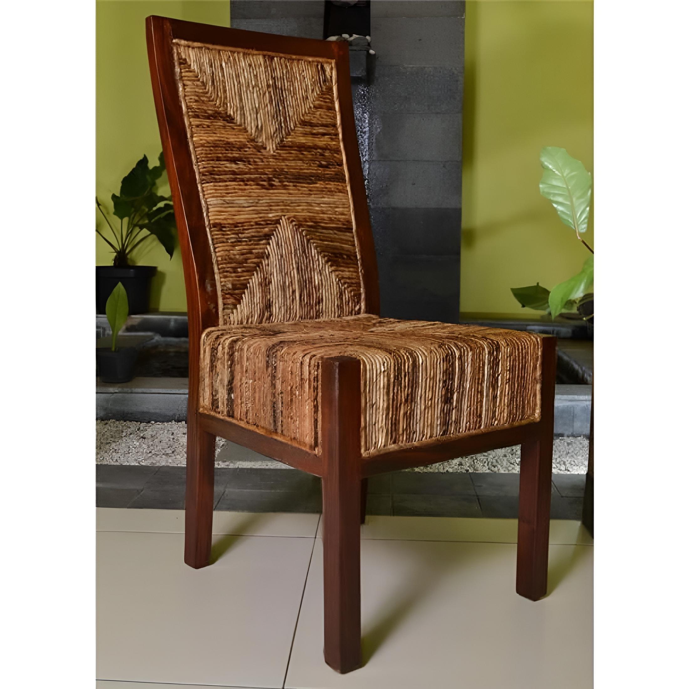 Elegant Mahogany Brown Upholstered Dining Side Chair with Hand-Woven Abaca