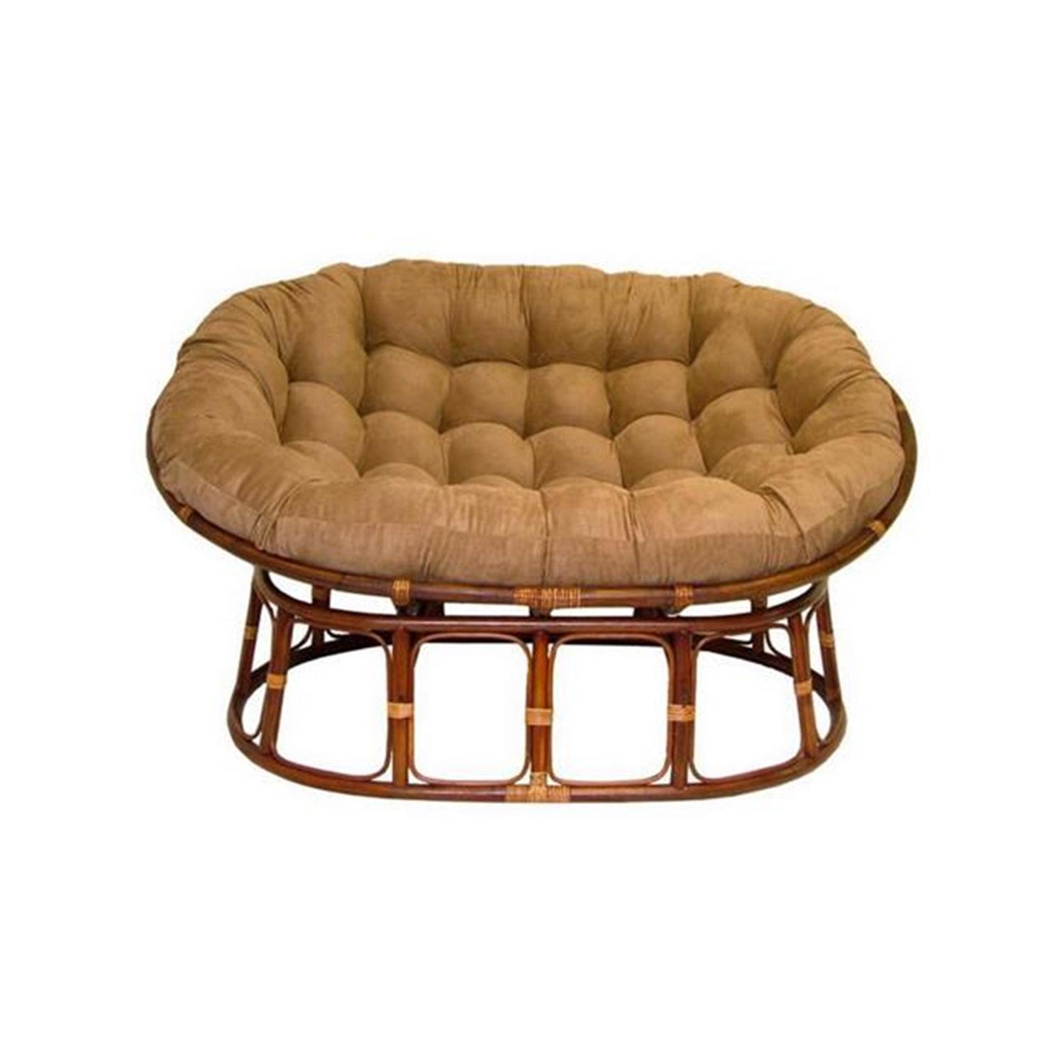 Bohemian Rattan Double Papasan Chair with Plush Camel Microsuede Cushion