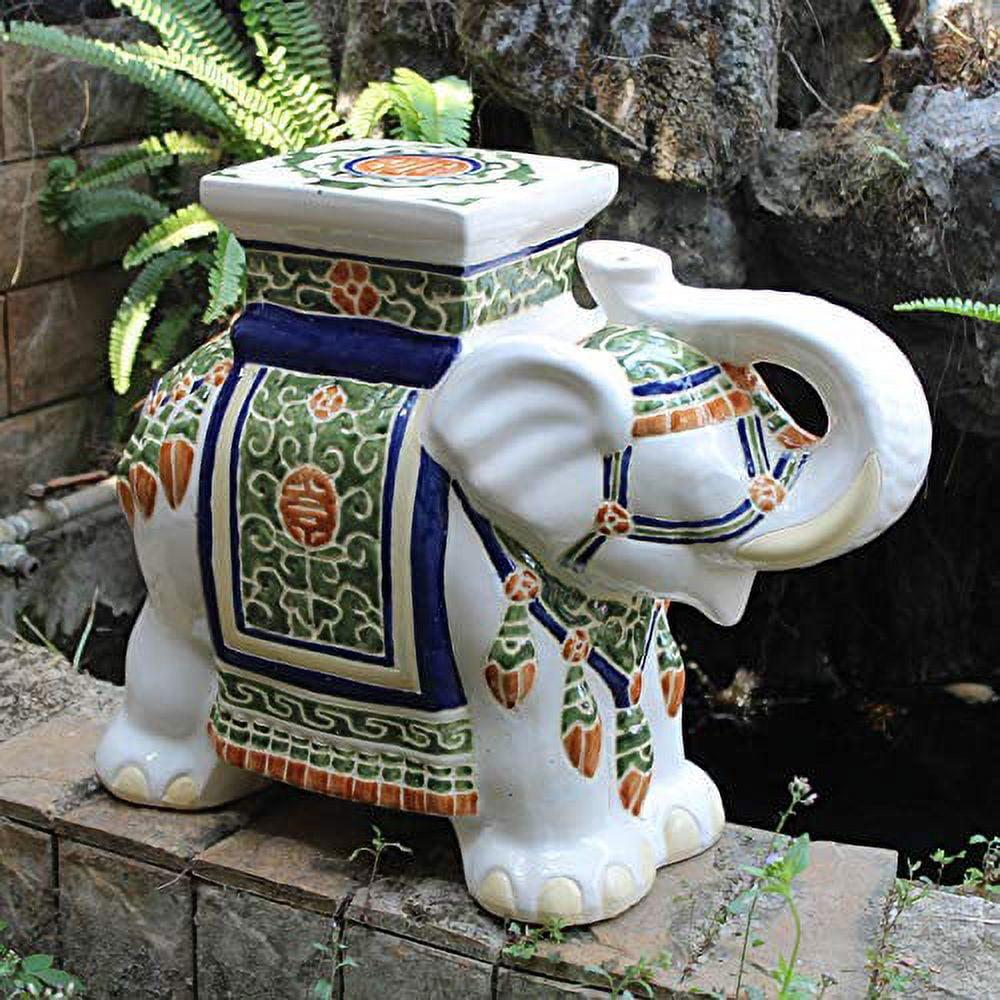 Large Painted Porcelain Elephant Outdoor Stool in White