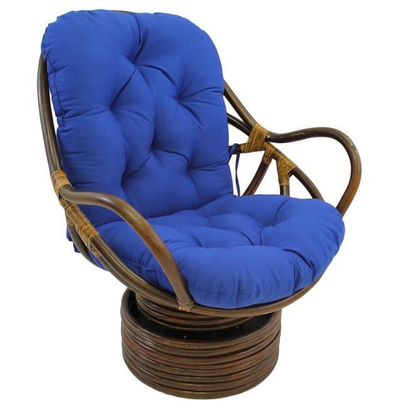 Bohemian Walnut Finish Rattan Swivel Rocker Chair with Royal Blue Twill Cushion