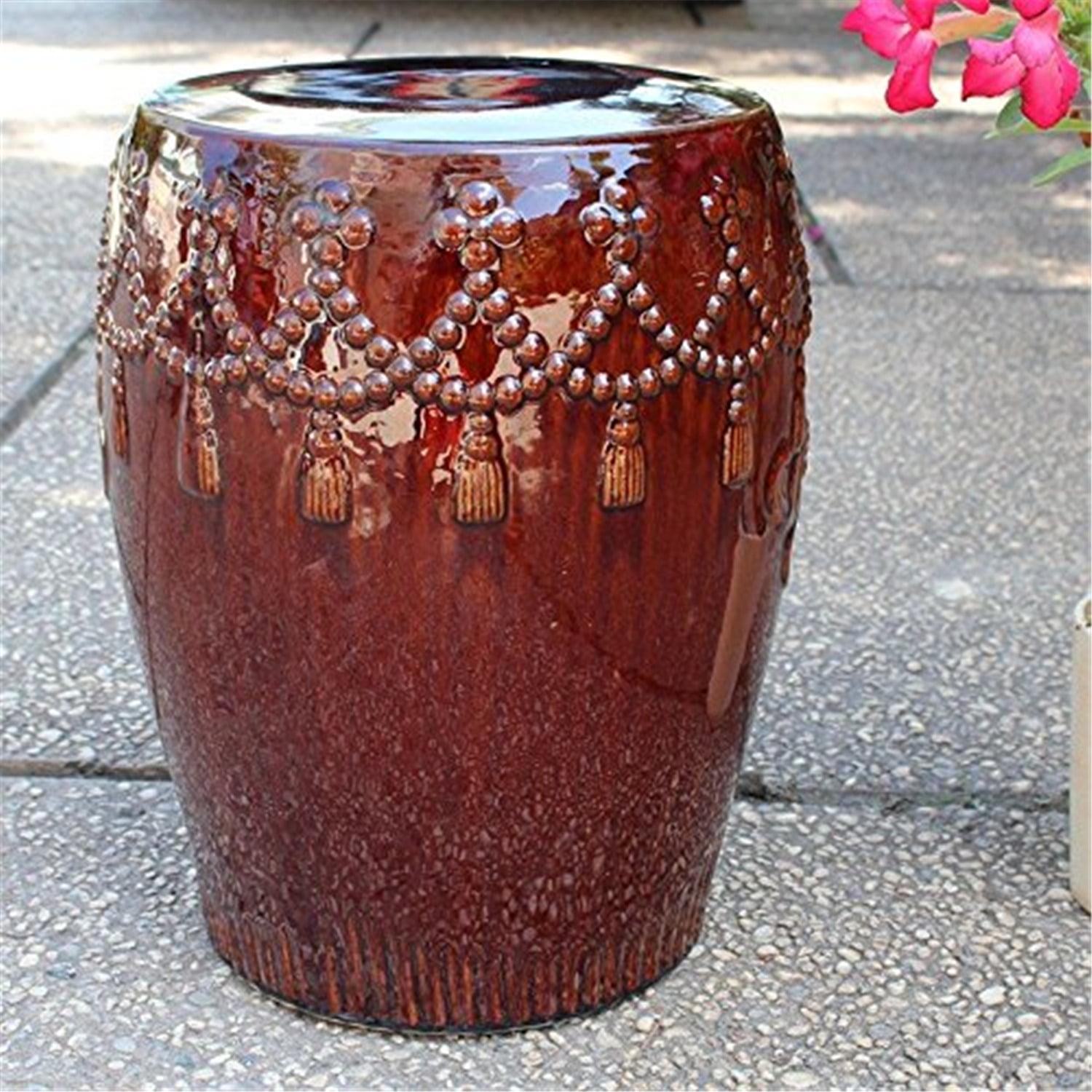 Catalina Tasseled High-Gloss Ceramic Garden Stool in Brown Glaze