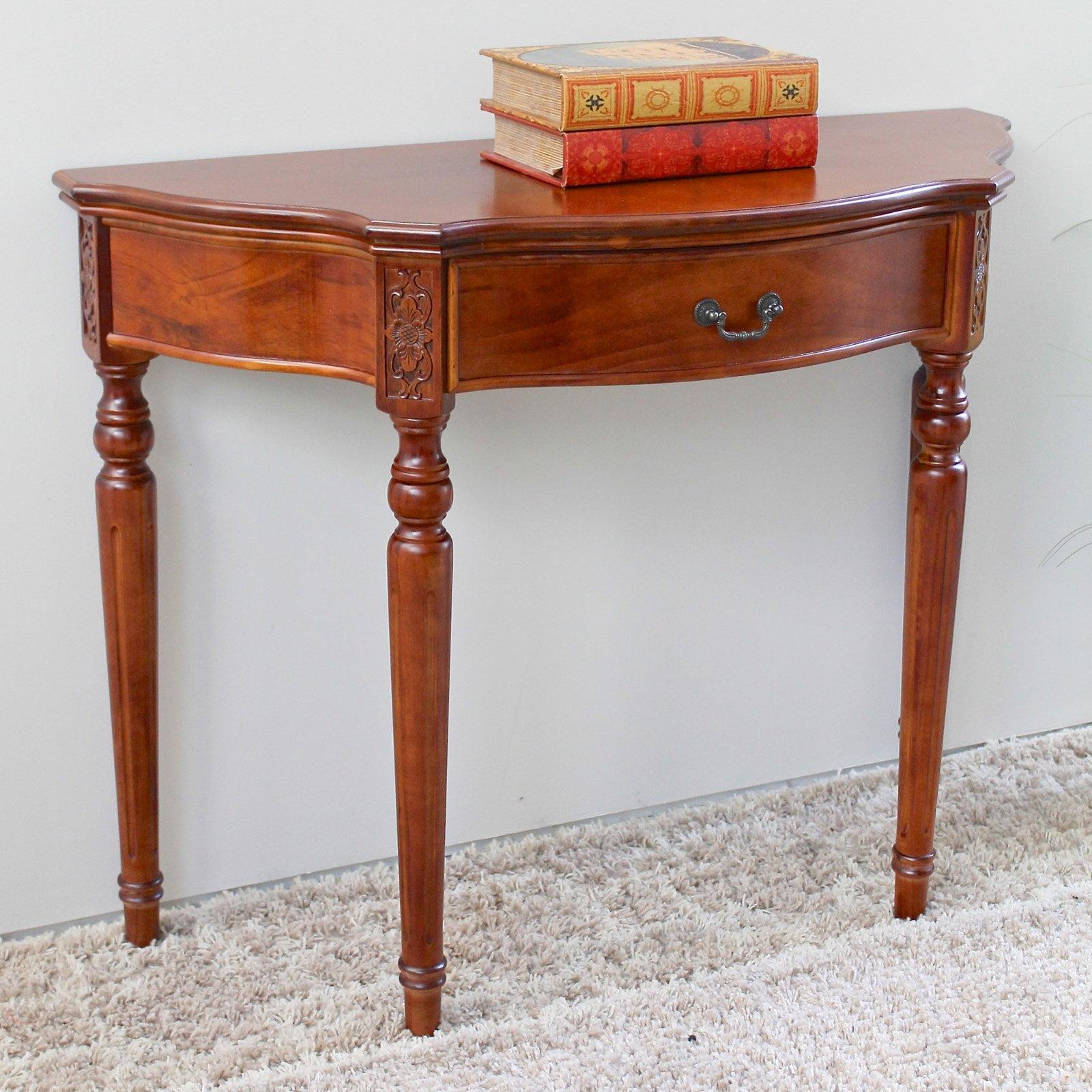 Windsor Elegance Walnut Stain Hand-Carved Demilune Console Table with Storage